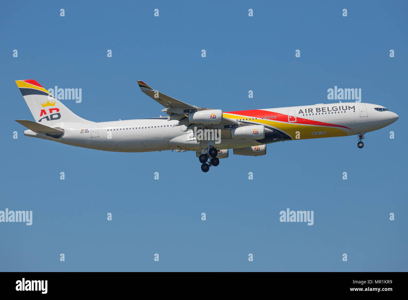 Stuttgart/Germany:Airbus A340 from Air Belgium at Stuttgart Germany at 19.05.2018 Stock Photo