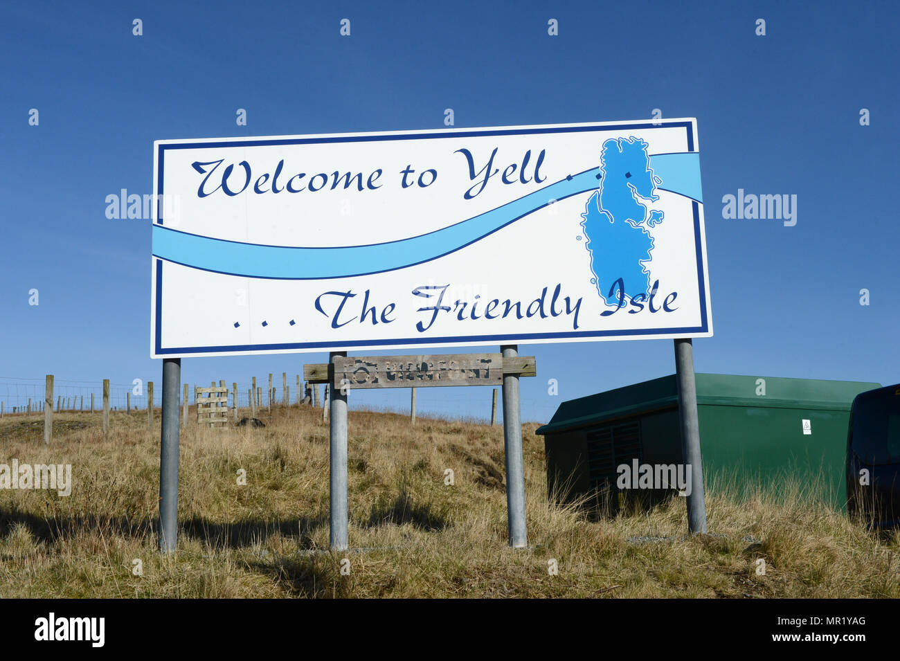Welcome to Yell the firmly isle sign when you come of the ferry. The island of Yell is one of the islands off the mainland of Shetland connected ferry Stock Photo