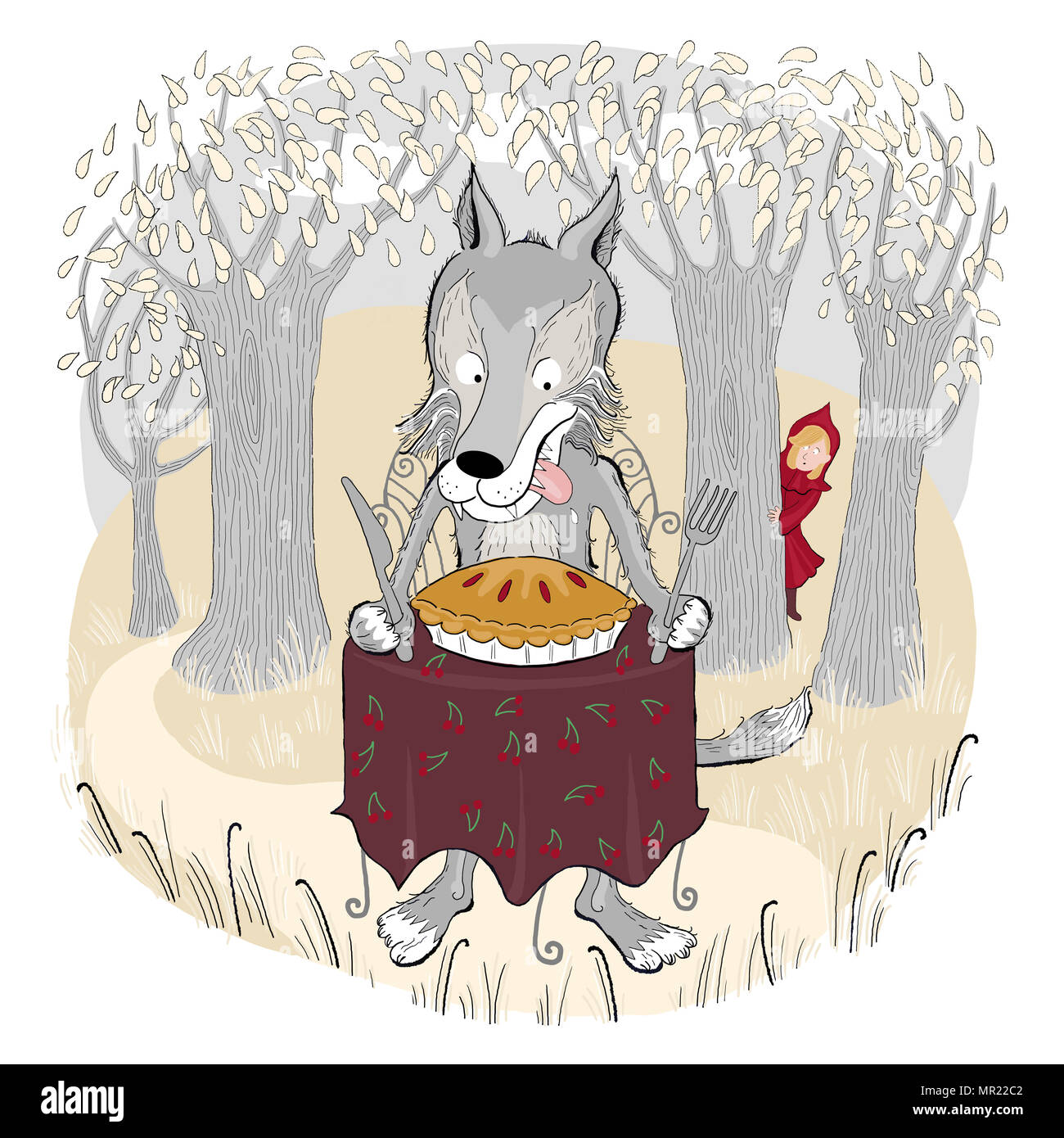 An illustration of Little Red Riding Hood, hiding behind a tree, and the Big Bad Wolf eating a cherry pie in the woods. Stock Photo