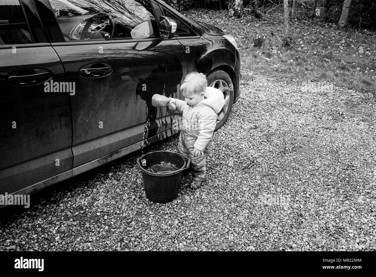 Baby boy, one year old (20Months) washing a car with a sponge. Stock Photo