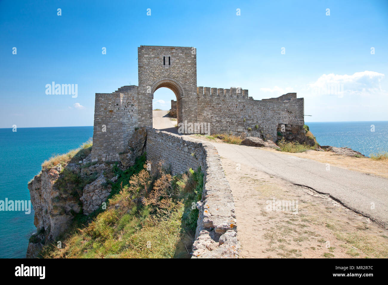 Oldl gate guarding the entrance in the medieval fortress on cape Kaliakra, Bulgaria. Stock Photo