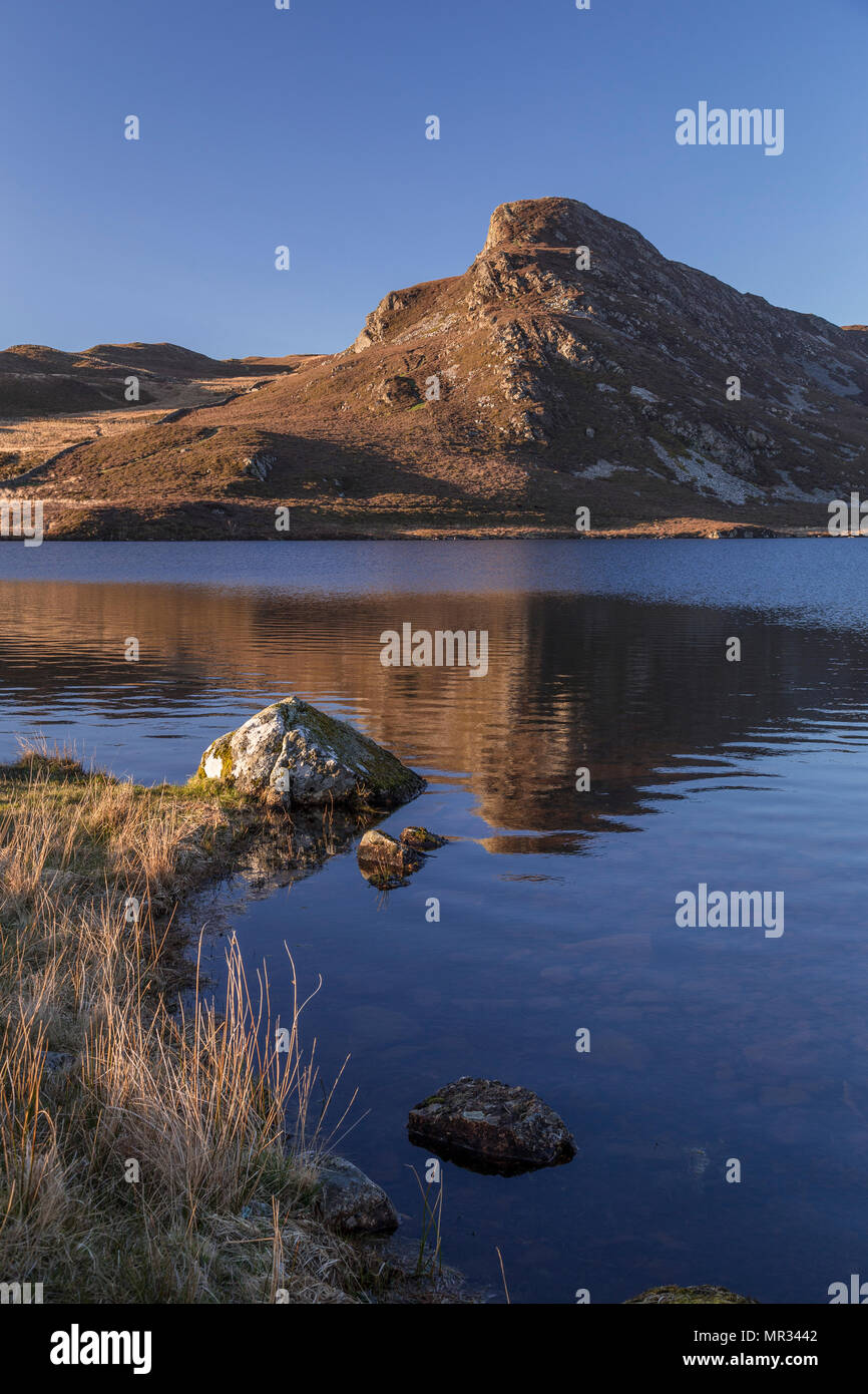 Reflection in Cregennan Lakes, Snowdonia, Wales on a sunny evening Stock Photo