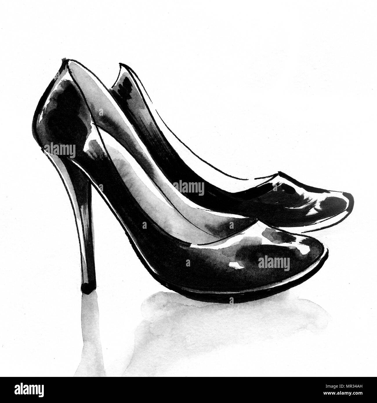 High heel shoes. Ink and watercolor illustration Stock Photo