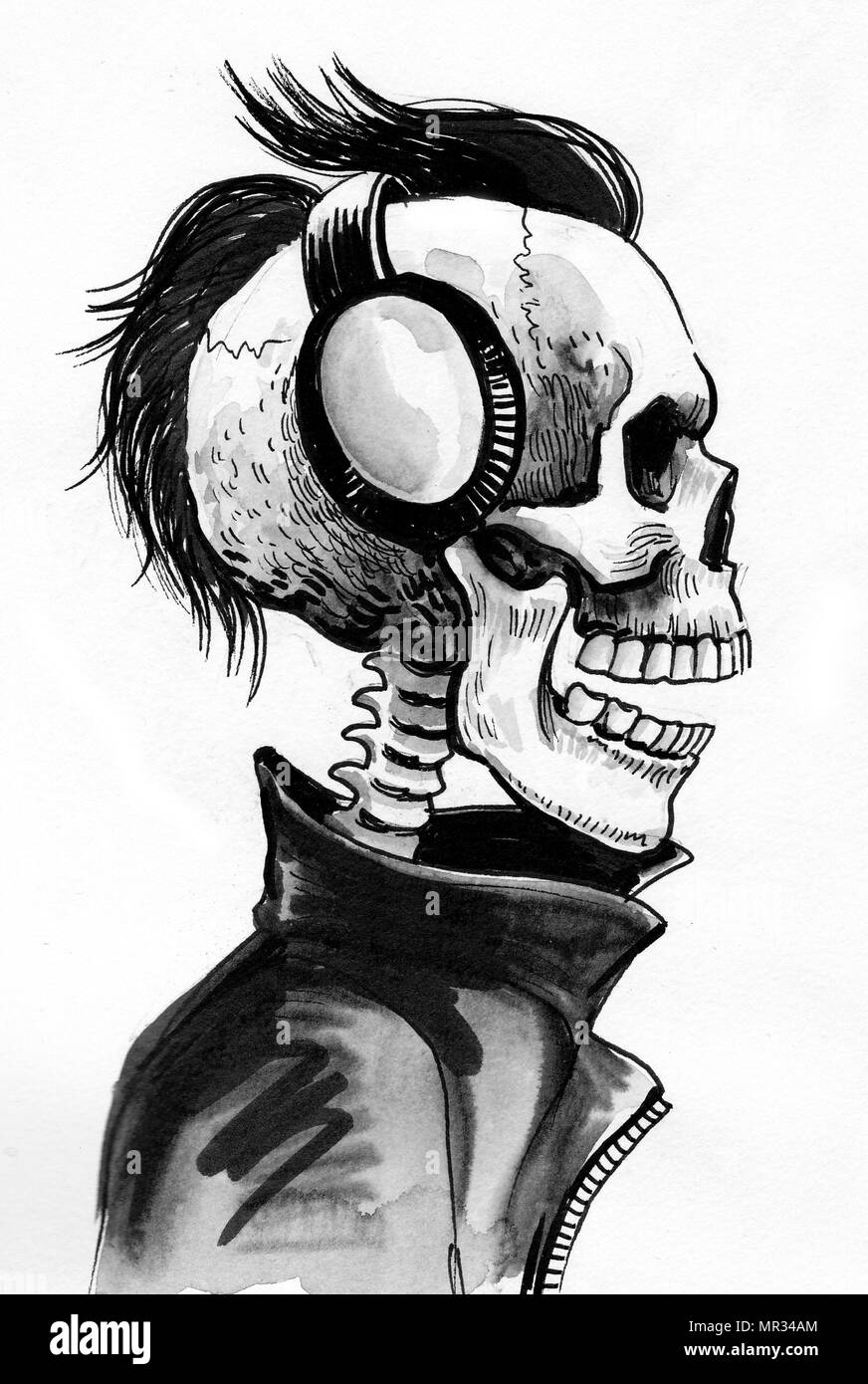 Cool skeleton in leather jacket and headphones. Ink black and white drawing Stock Photo