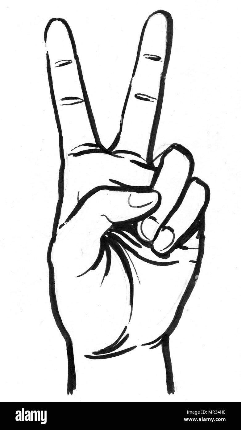 Hand showing Victory sign. Ink black and white drawing Stock Photo Alamy