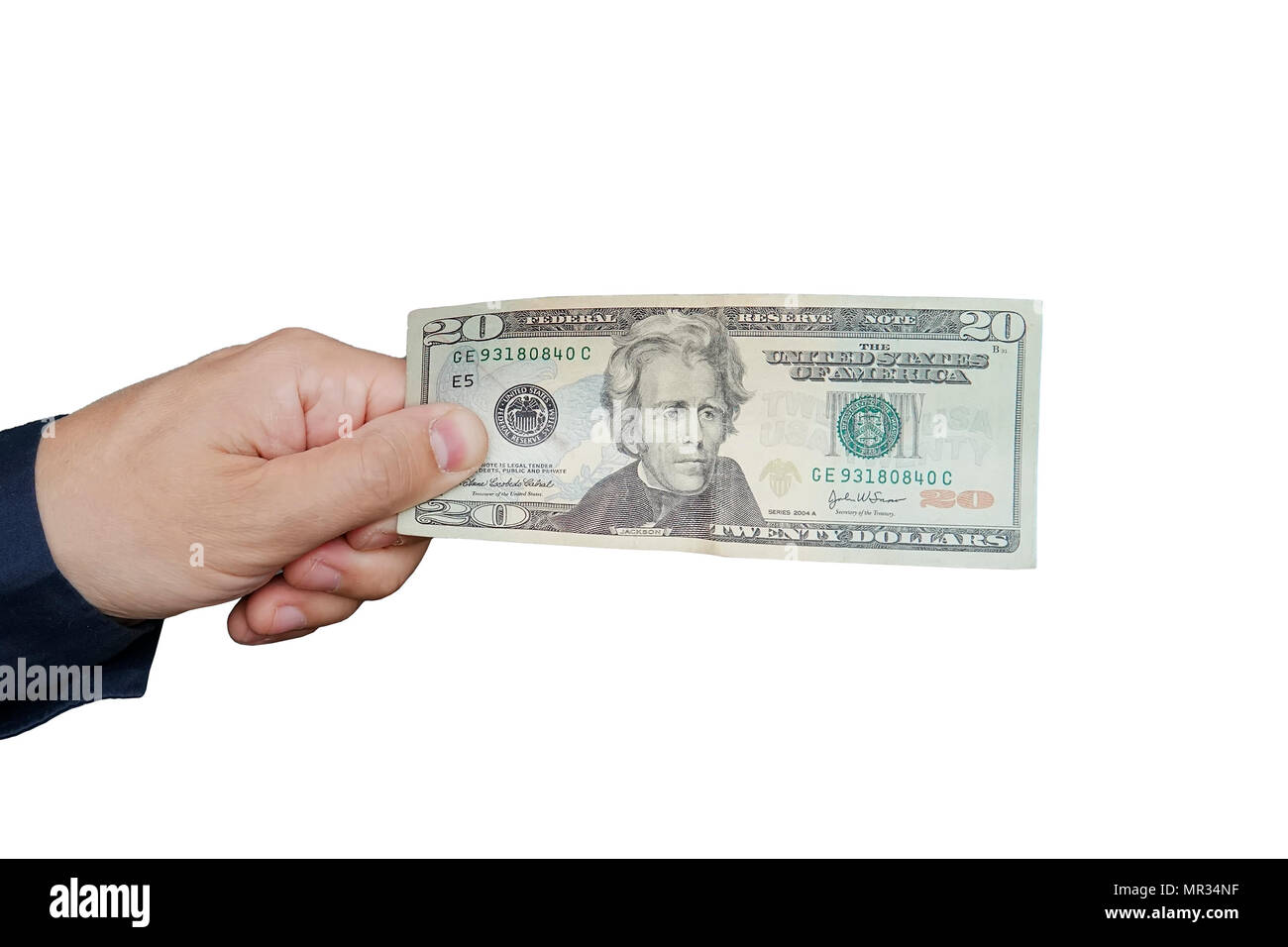 A hand holding 20 dollar bills. Studio isolated on a white background with an accurate clipping path. Stock Photo