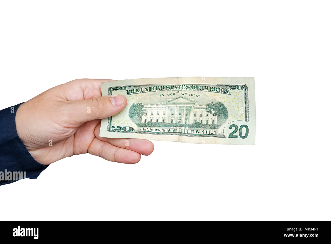 A hand holding 20 dollar bills. Studio isolated on a white background with an accurate clipping path. Stock Photo