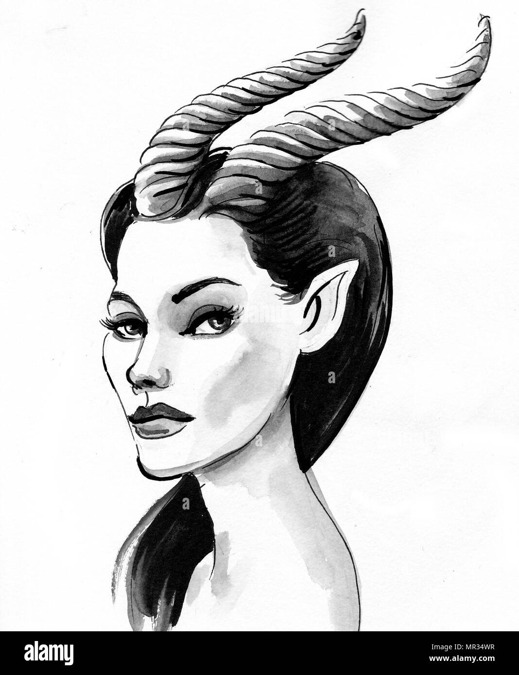 Beauty with horns. Ink black and white drawing Stock Photo Alamy