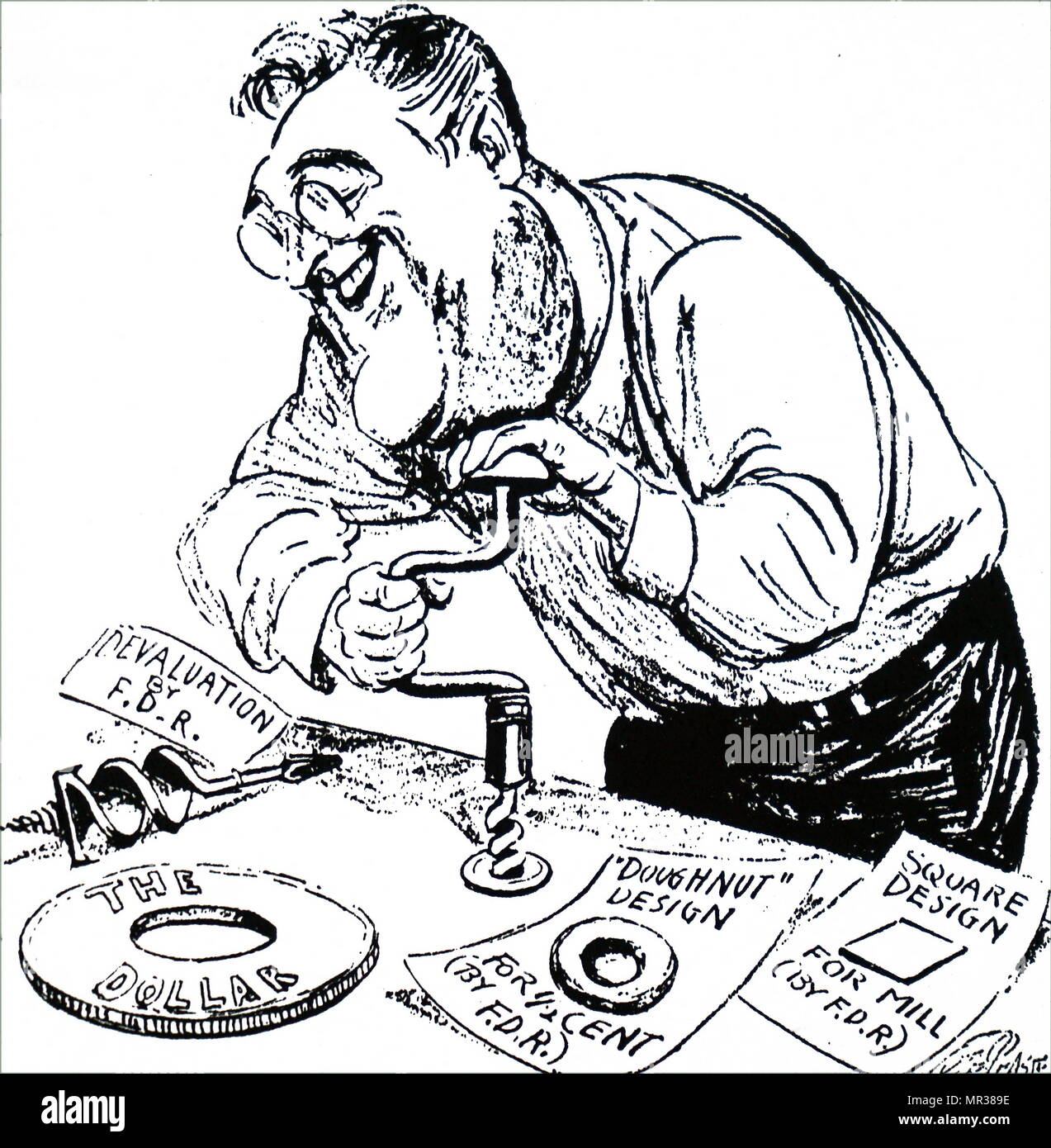 Cartoon depicting Roosevelt tinkering with the United States currency.  Franklin D. Roosevelt (1882-1945) an American statesman and political leader who served as the 32nd President of the United States. Dated 20th century Stock Photo