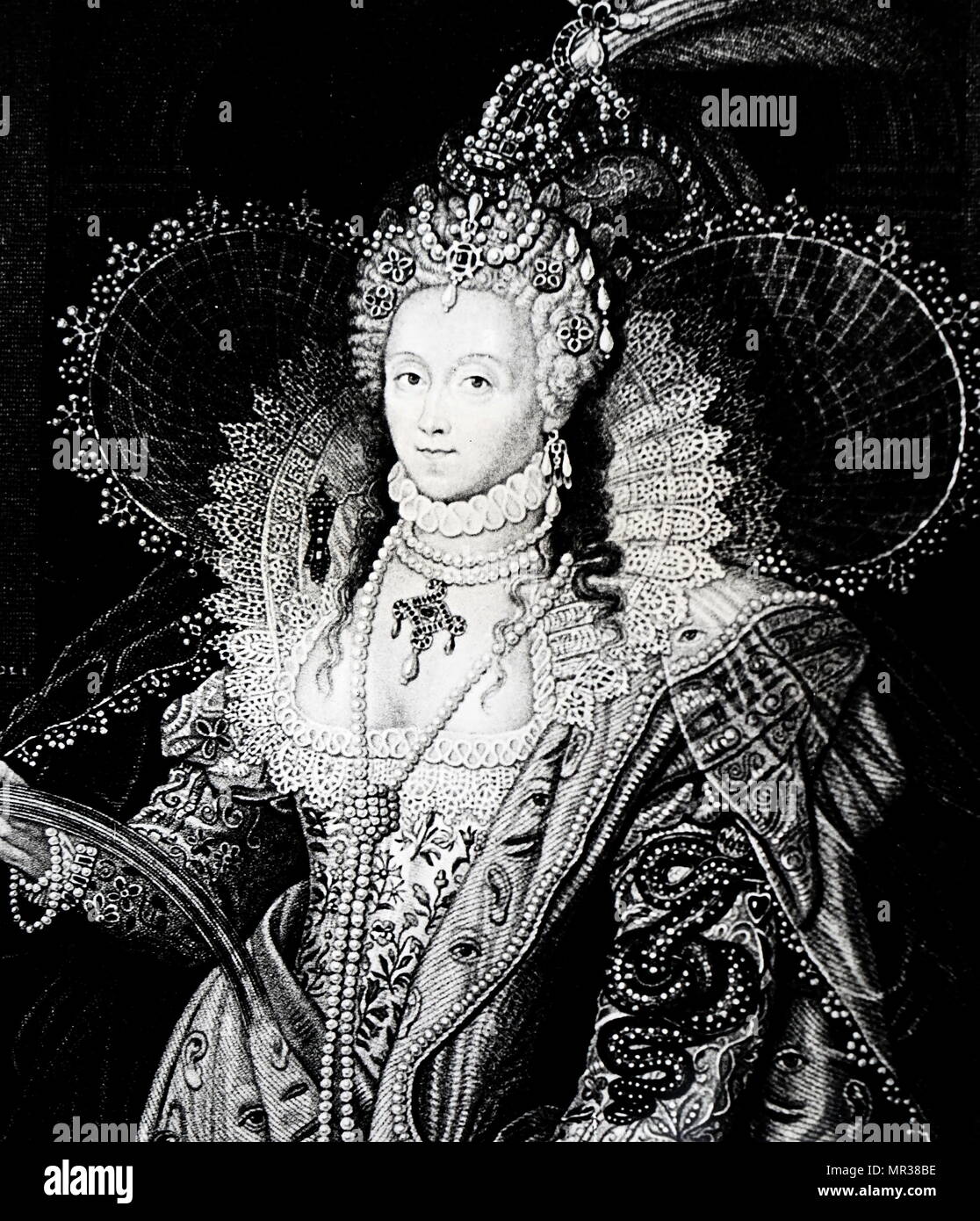 Engraved portrait of Queen Elizabeth I after the portrait by Federico Zuccari. Queen Elizabeth I (1533-1603) Queen of England and Ireland. Federico Zuccari (1540-1609) an Italian Mannerist painter and architect. Dated 19th century Stock Photo