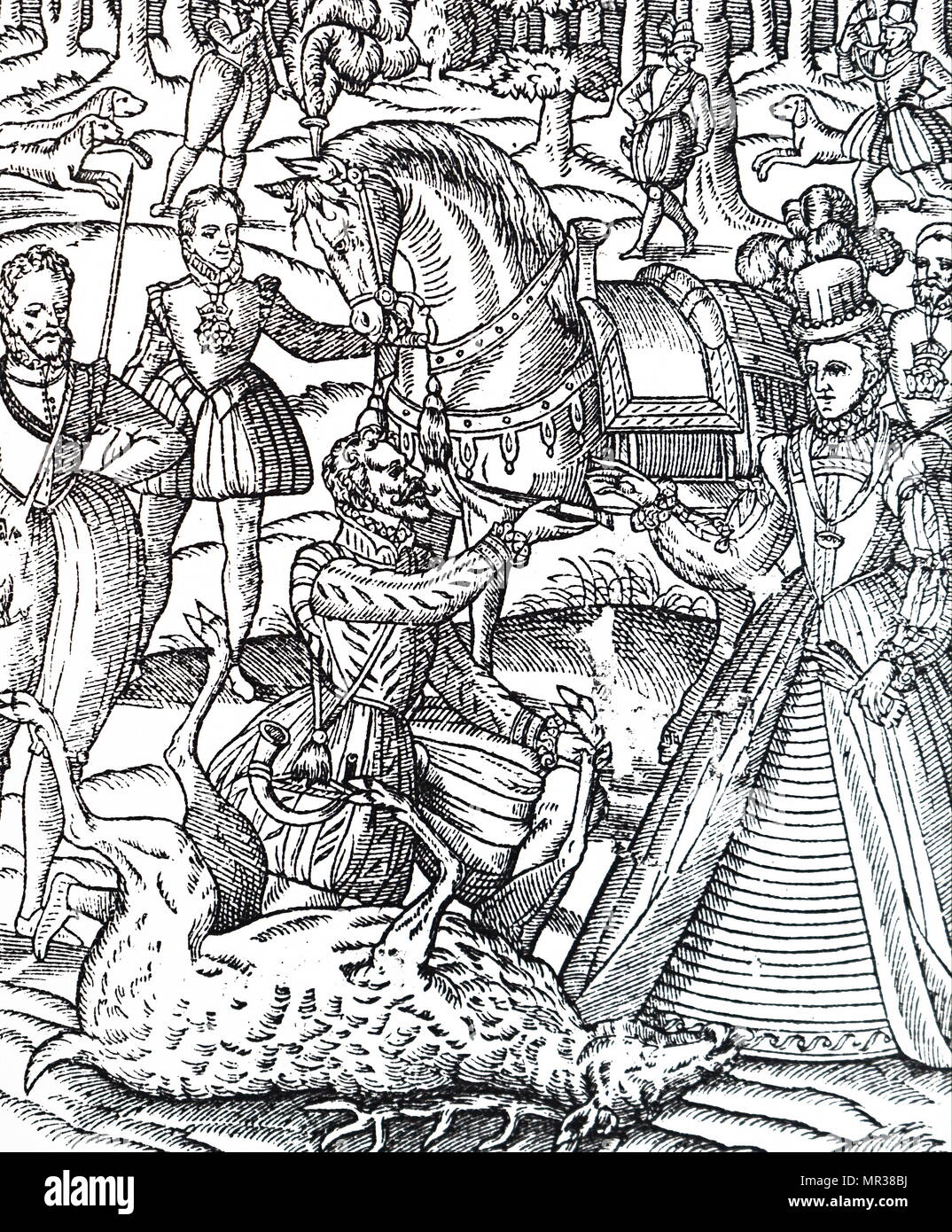 Engraving depicting Queen Elizabeth I on the hunting field to perform