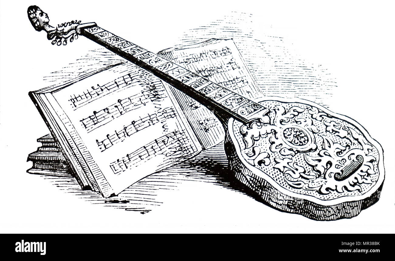 Engraving depicting a Tudor zither and music book which belonged to Queen Elizabeth I. Elizabeth I (1533-1603) Queen of England and Ireland. Dated 16th century Stock Photo