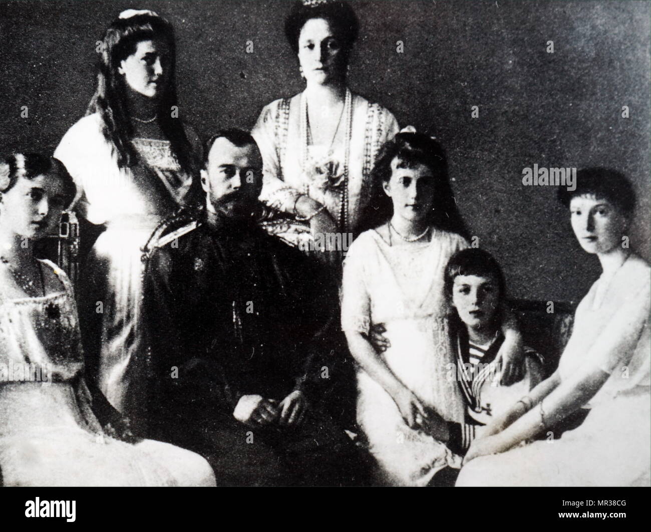 Photographic portrait of the Romanov Family. Pictured is Tsar Nicholas II, Tsarina Alexandra and their five children Olga, Tatiana, Maria, Anastasia and Alexei. Dated 20th century Stock Photo