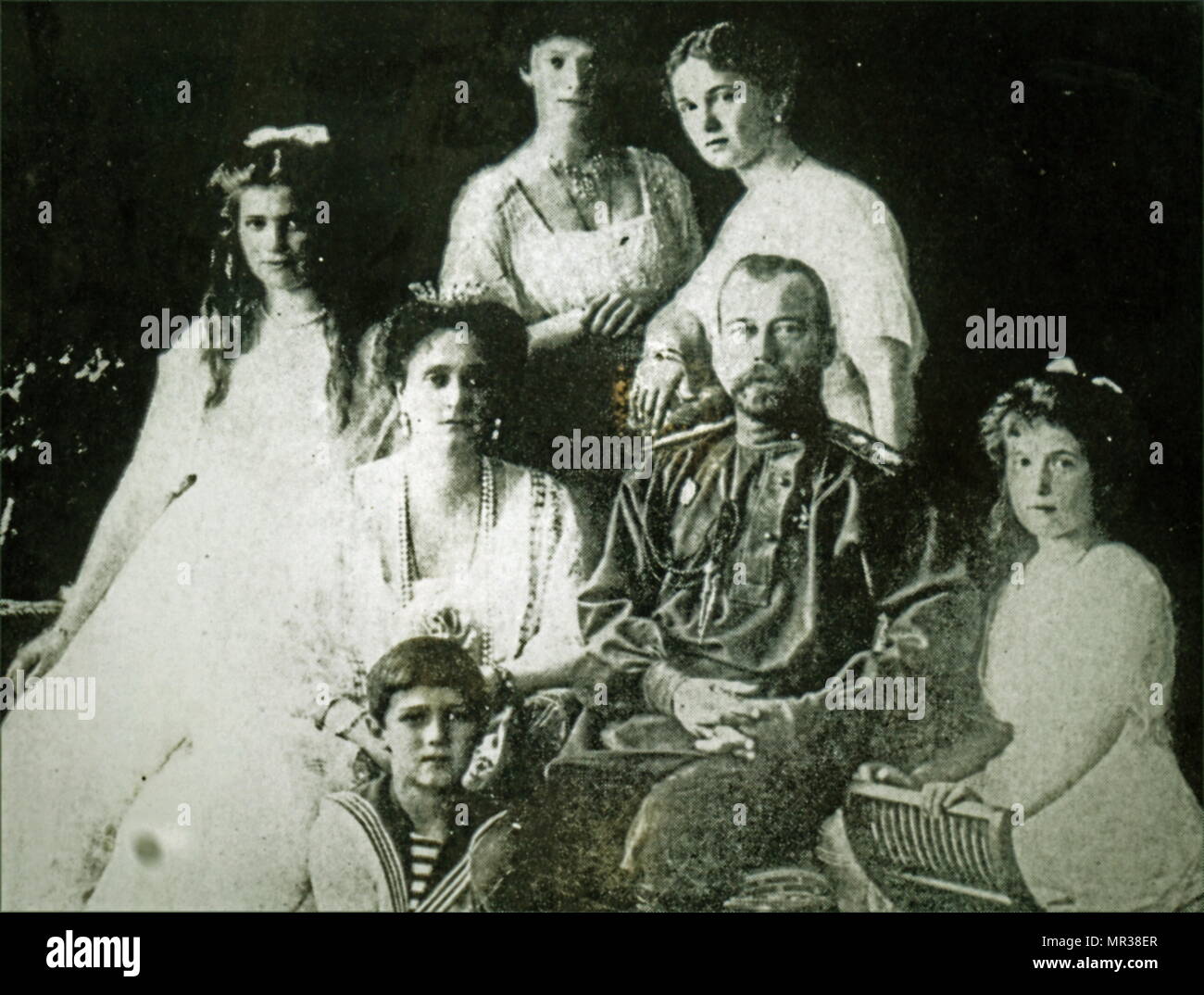 Photographic portrait of the Romanov Family. Pictured is Tsar Nicholas II, Tsarina Alexandra and their five children Olga, Tatiana, Maria, Anastasia and Alexei. Dated 20th century Stock Photo