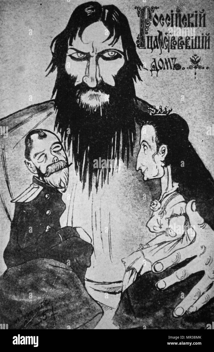 Caricature of Grigori Rasputin clutching Nicholas II and Tsarina Alexandra. The cartoon is commenting on the control Rasputin holds over the royal family. Grigori Rasputin (1869-1916) a Russian mystic and self-proclaimed holy man who befriended the family of Tsar Nicholas II and gained considerable influence in late imperial Russia. Dated 20th century Stock Photo