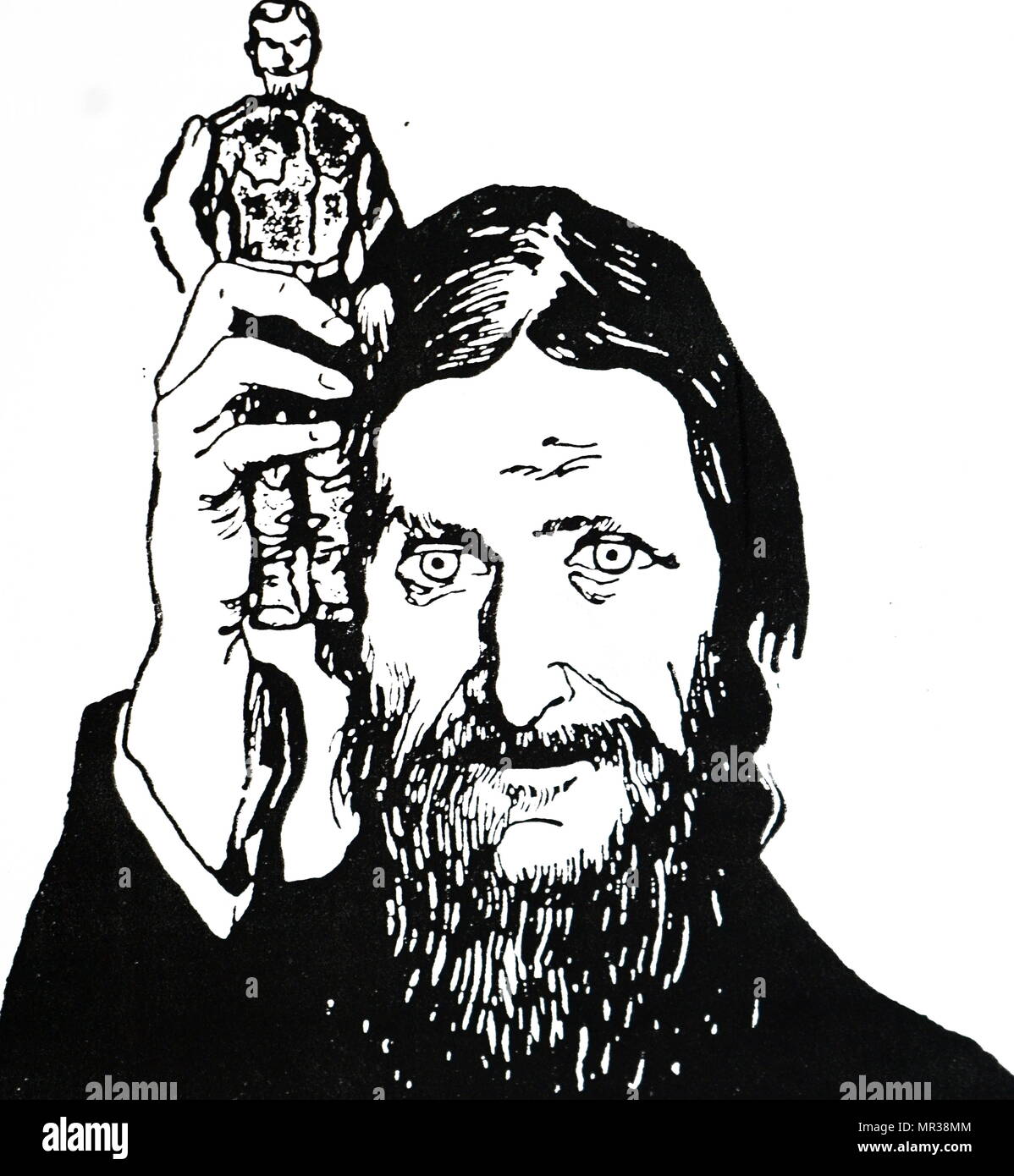 Caricature of Grigori Rasputin clutching Nicholas II. The cartoon is commenting on the control Rasputin holds over the royal family. Grigori Rasputin (1869-1916) a Russian mystic and self-proclaimed holy man who befriended the family of Tsar Nicholas II and gained considerable influence in late imperial Russia. Dated 20th century Stock Photo
