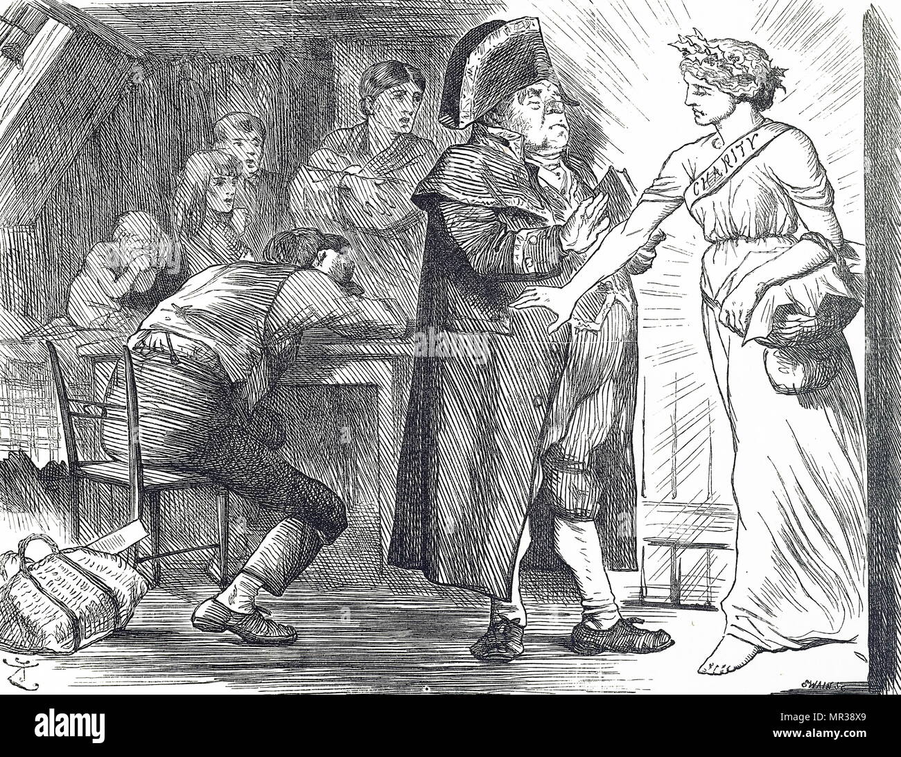 John Tenniel Cartoon Depicting Charity Sweeping Aside Mr Bumble S Protests In Her Determination To Bring Relief To Poor Families In Distress Illustrated By John Tenniel 10 1914 An English Illustrator Graphic Humourist And