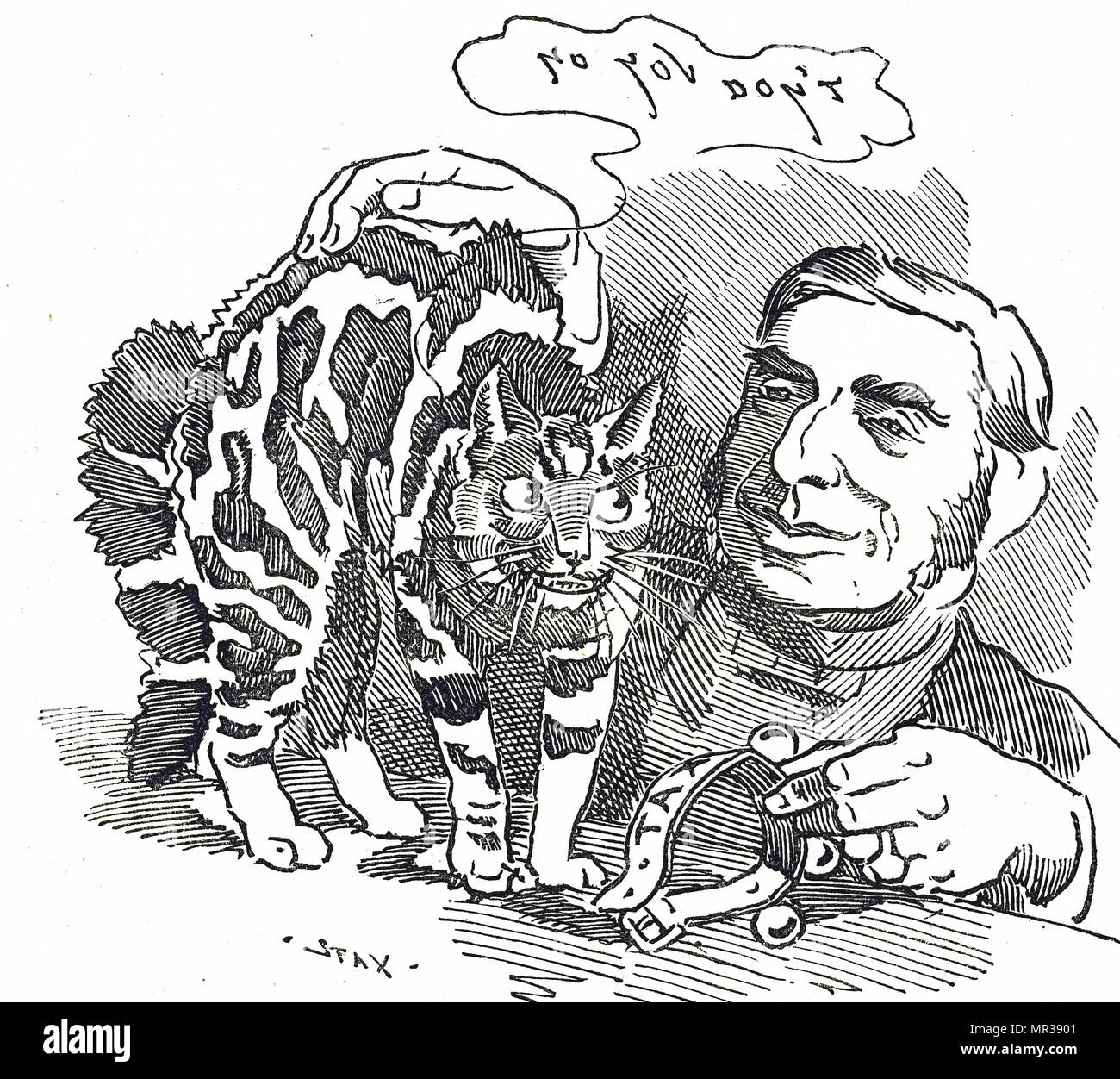 Cartoon depicting George Goschen, 1st Viscount Goschen commenting on his proposed tax on cats. George Goschen, 1st Viscount Goschen (1831-1907) a British statesman and businessman. Dated 19th century Stock Photo