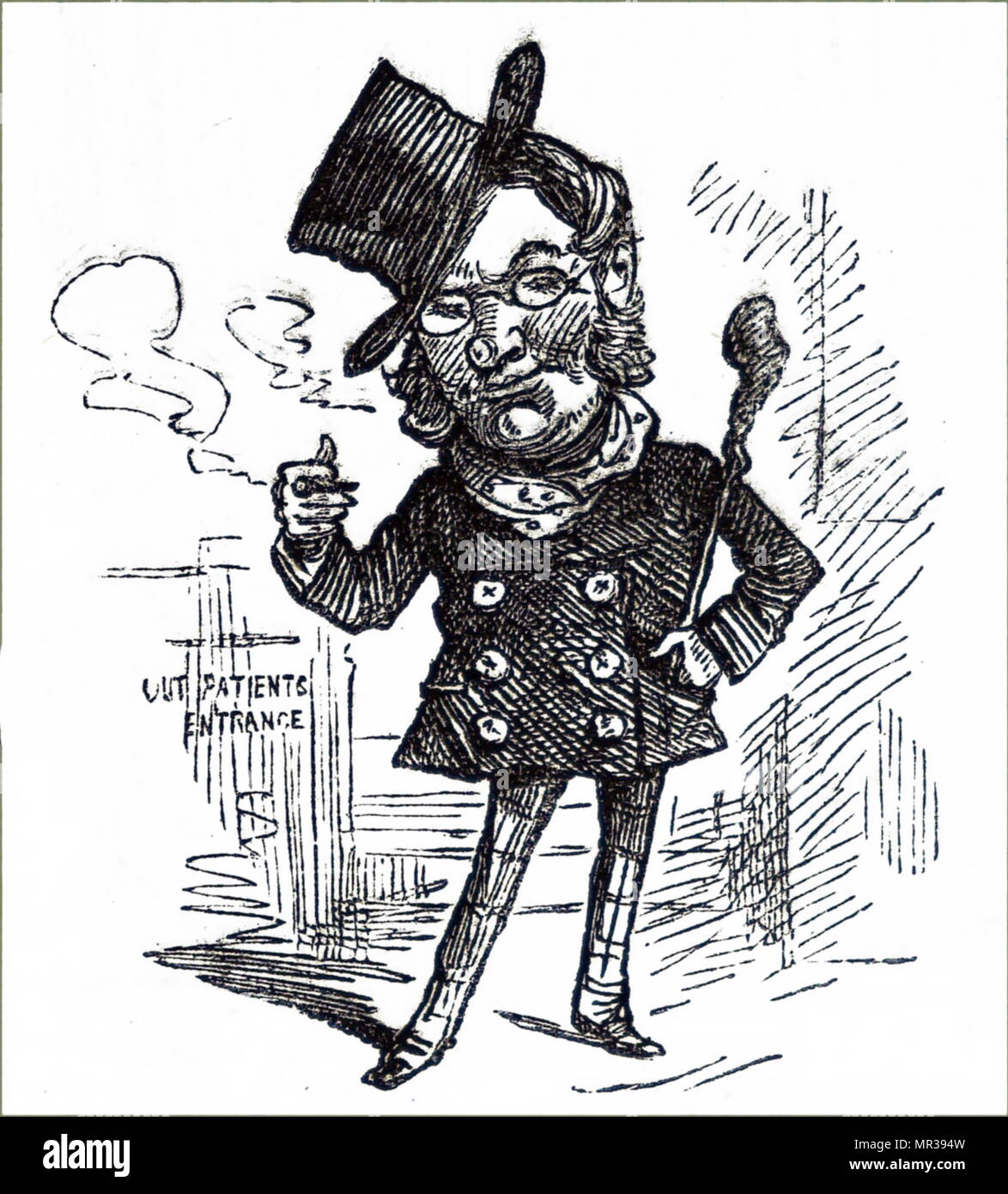 Illustration of a 19th century English man with a cigar and top hat outside the entrance to a London Hospital Stock Photo