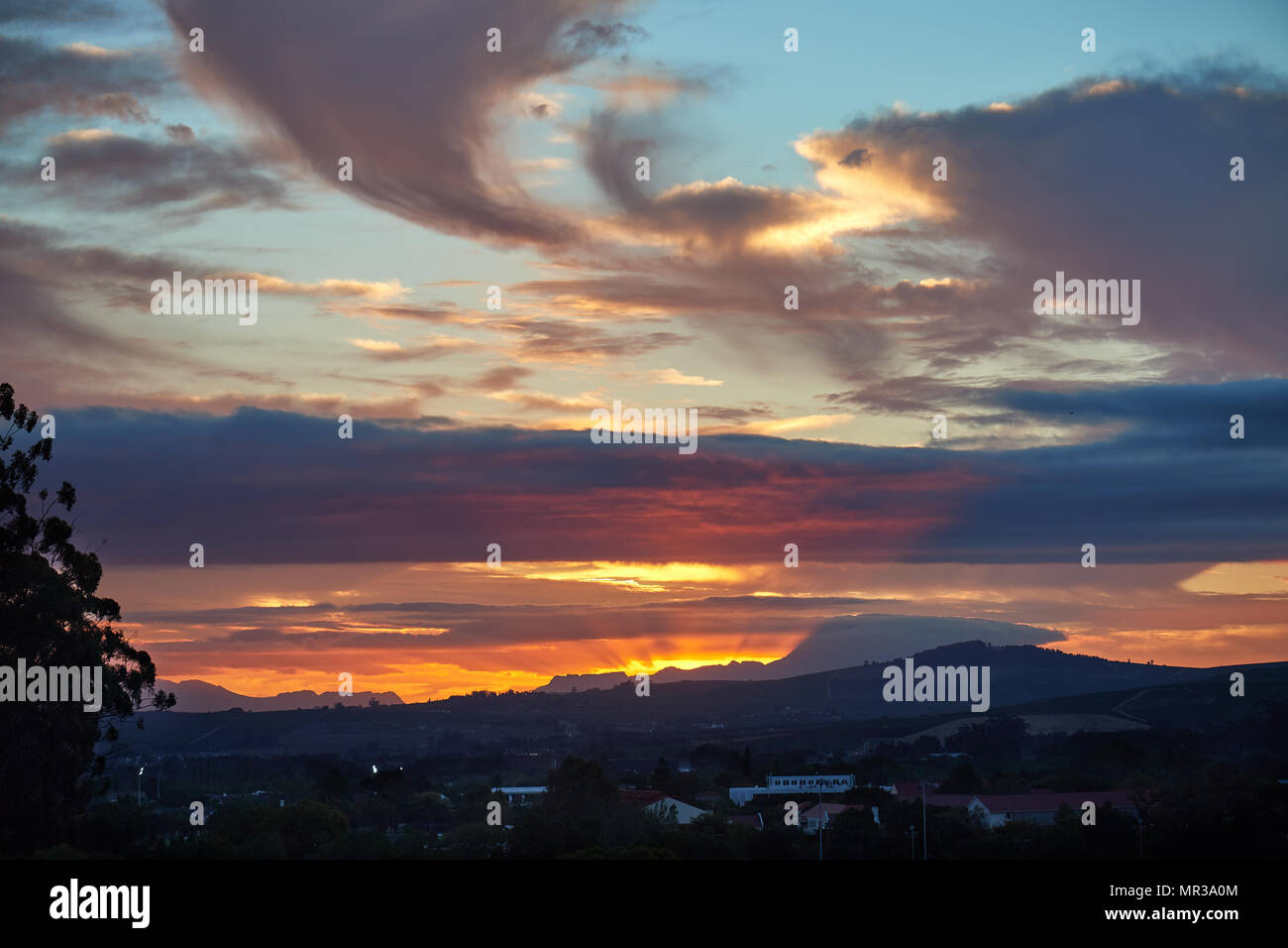 Sunset over Table Mountain from Coetzenberg, Stellenbosch Stock Photo