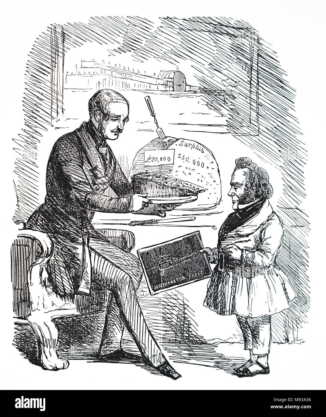 Cartoon depicting Prince Albert handing Joseph Paxton a £20,000 slice of 'Solid Pudding' from the surplus from the Great Exhibition. Albert, Prince Consort (1819-1861) the husband and consort of Queen Victoria. Joseph Paxton (803-1865) an English gardener, architect and Member of Parliament who designed the Crystal Palace. Dated 19th century Stock Photo