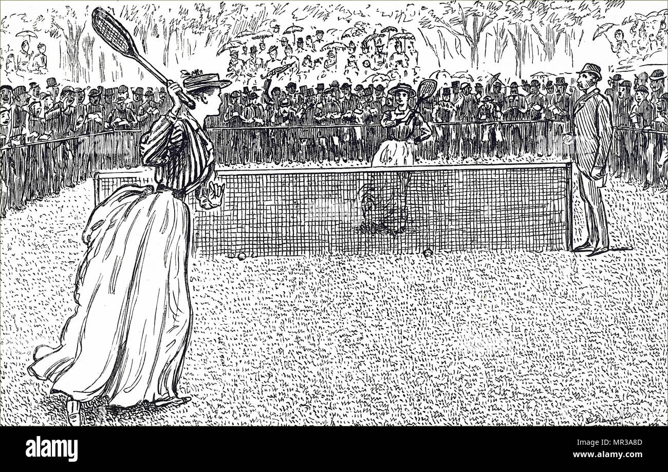 Cartoon depicting a ladies' tennis match. Illustrated by George du Maurier (1834-1896) a Franco-British cartoonist and author. Dated 19th century Stock Photo