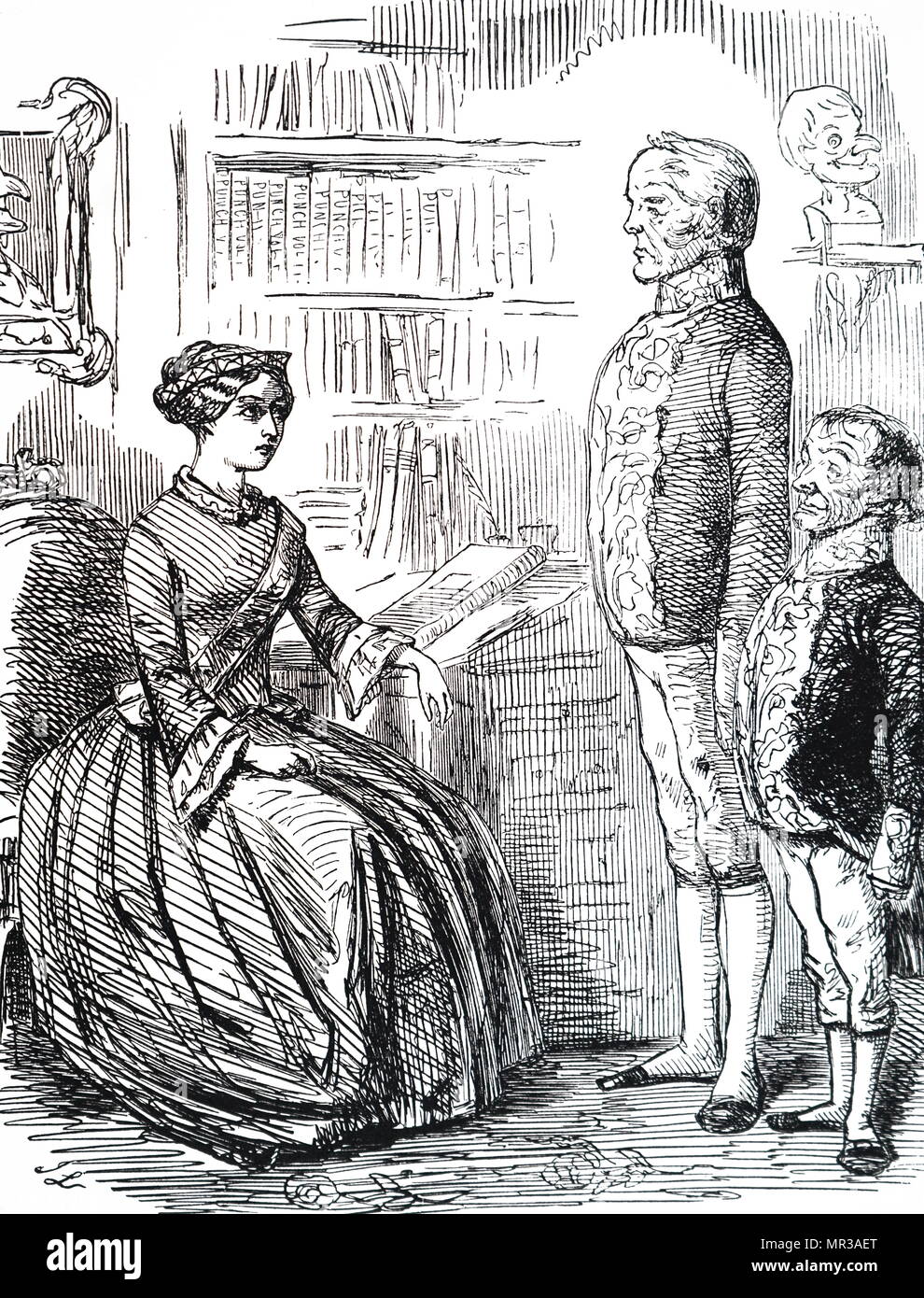 Cartoon depicting Henry John Temple, 3rd Viscount Palmerston handing Queen Victoria his resignation. Palmerston was forced to resign on the grounds that he had exceeded is authority. Lord John Russell (right) stayed in office as Prime Minister. Henry John Temple, 3rd Viscount Palmerston (1784-1865) a British statesman and former Prime Minister of the United Kingdom. John Russell, 1st Earl Russell (1792-1878) leading Whig and Liberal politician and former Prime Minister of the United Kingdom.  Illustrated by John Leech (1817-1864) an English caricaturist and illustrator. Dated 19th century Stock Photo
