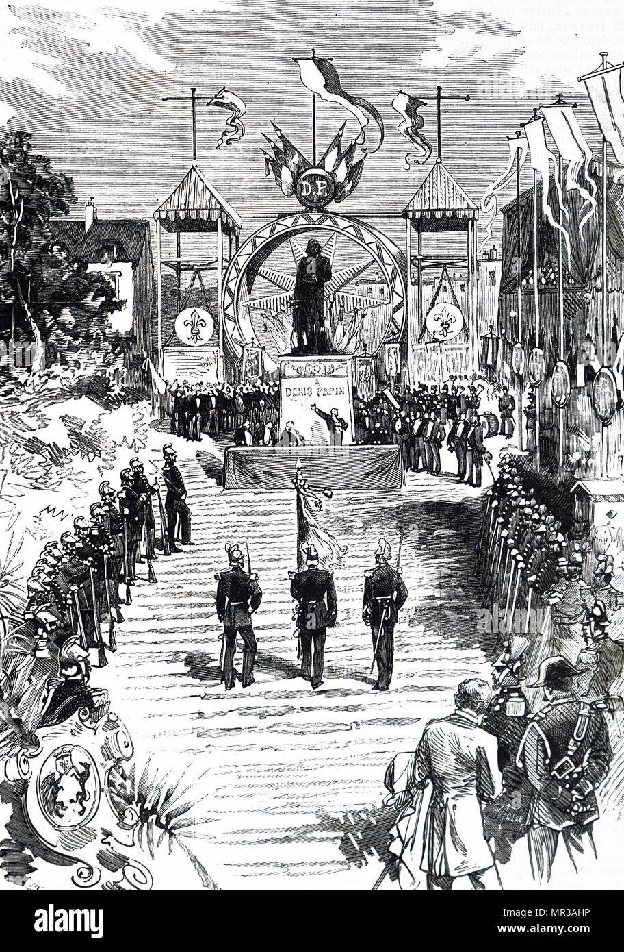 Engraving depicting the unveiling of the statue of Denis Papin at Blois, France. Denis Papin (1647-1713) a French physicist, mathematician and inventor. Dated 19th century Stock Photo