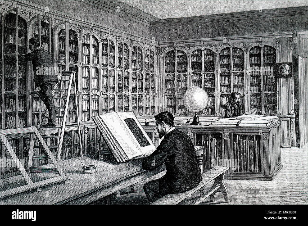 Illustration depicting the Library of the École Normale Supérieure, Paris, where Louis Pasteur as Director of Scientific Studies. Louis Pasteur (1822-1895) a French biologist, microbiologist and chemist renowned for his discoveries of the principles of vaccination, microbial fermentation and pasteurisation. Dated 19th century Stock Photo
