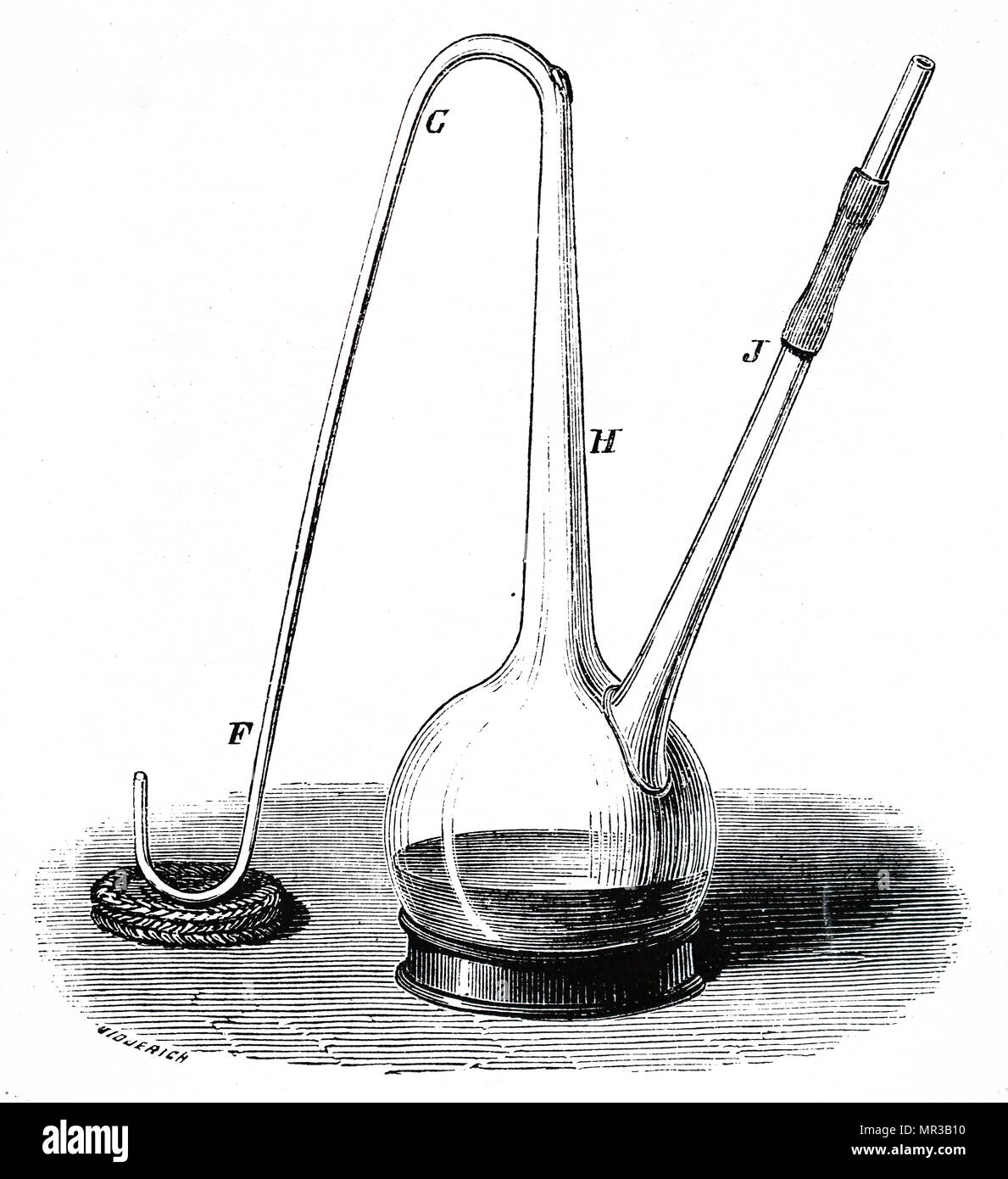 Engraving depicting an Louis Pasteur experiment demonstrating that fermentation and putrefaction are caused by air-borne organisms. The contents of the flask are sterilised and the flask is then left with the S neck open, but any organism entering falls into the bend in the S. It is only when the neck of the flask is broken and air admitted that any change takes place. Louis Pasteur (1822-1895) a French biologist, microbiologist and chemist renowned for his discoveries of the principles of vaccination, microbial fermentation and pasteurisation. Dated 19th century Stock Photo