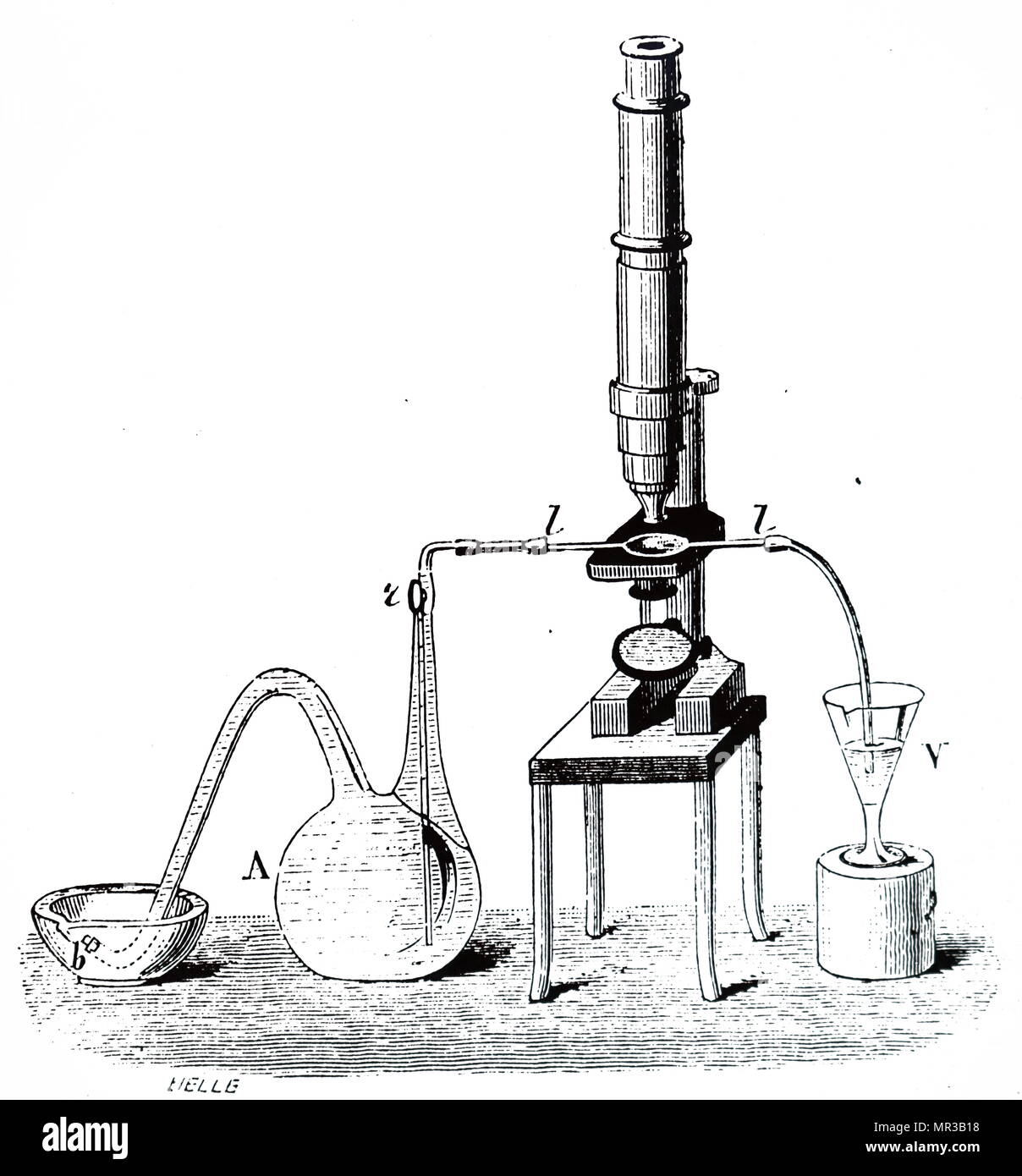 Engraving depicting Louis Pasteur's first apparatus for cooling and fermenting wort during his work on beer. Louis Pasteur (1822-1895) a French biologist, microbiologist and chemist renowned for his discoveries of the principles of vaccination, microbial fermentation and pasteurisation. Dated 19th century Stock Photo