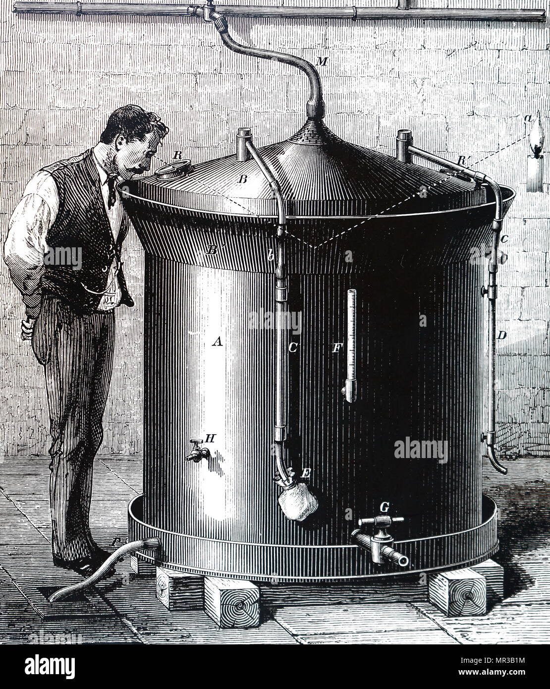 Engraving depicting Louis Pasteur's first apparatus for cooling and fermenting wort during his work on beer. Louis Pasteur (1822-1895) a French biologist, microbiologist and chemist renowned for his discoveries of the principles of vaccination, microbial fermentation and pasteurisation. Dated 19th century Stock Photo