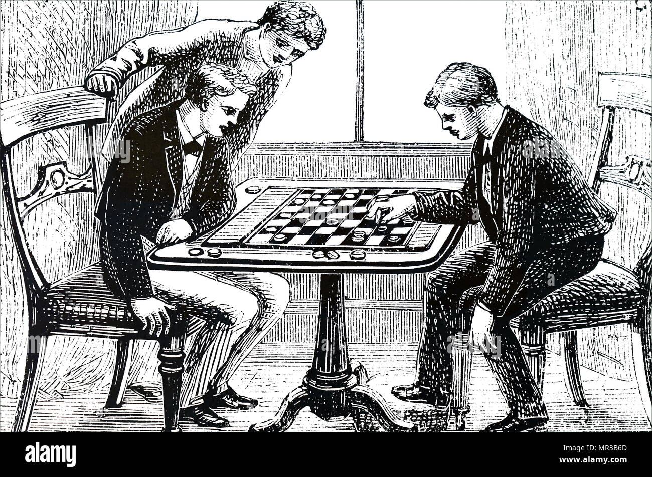 Illustration depicting a game of draughts. Dated 19th century Stock Photo