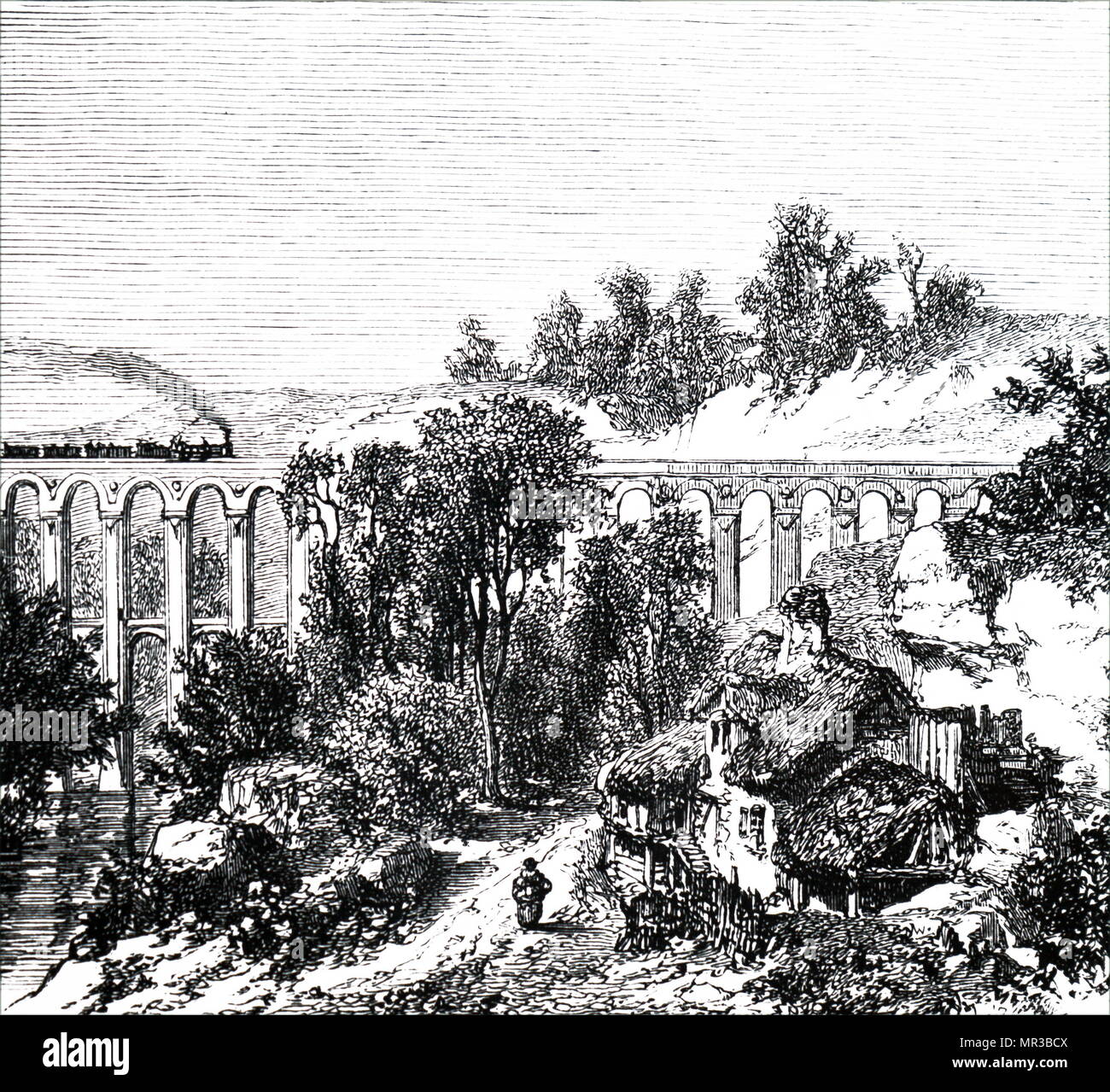 Illustration depicting a train crossing viaduct near a remote farmstead. Dated 19th century Stock Photo