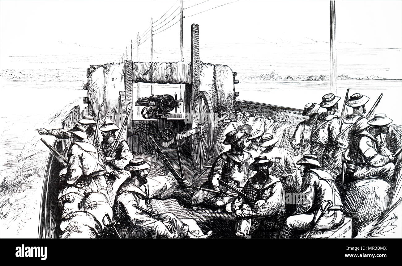 Illustration depicting the rear of an armoured train with a Gatling gun used during a war in Egypt. Dated 19th century Stock Photo
