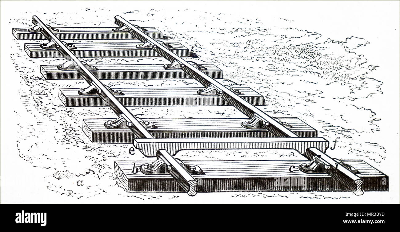 Diagram of rails fastened to sleepers by iron chairs and firmly held by oak wedges (d), Cramp Gauge (e,f,) used to check accuracy of distance apart. Dated 19th century Stock Photo