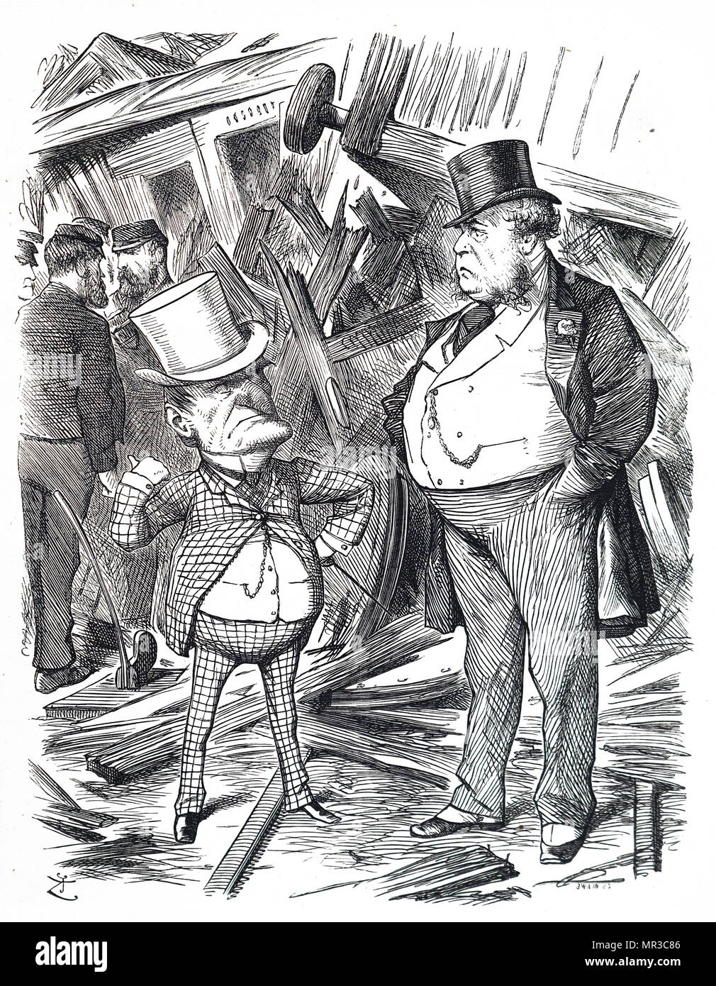 Cartoon titled 'Conscience makes Cowards!'. Depicted is Mr Punch confronting a railway director about the increasing number of major railway accidents due to the administration being unable to keep up with the increasing volume of traffic. Illustrated by Joseph Swain (1820-1909) an English wood-engraver. Dated 19th century Stock Photo