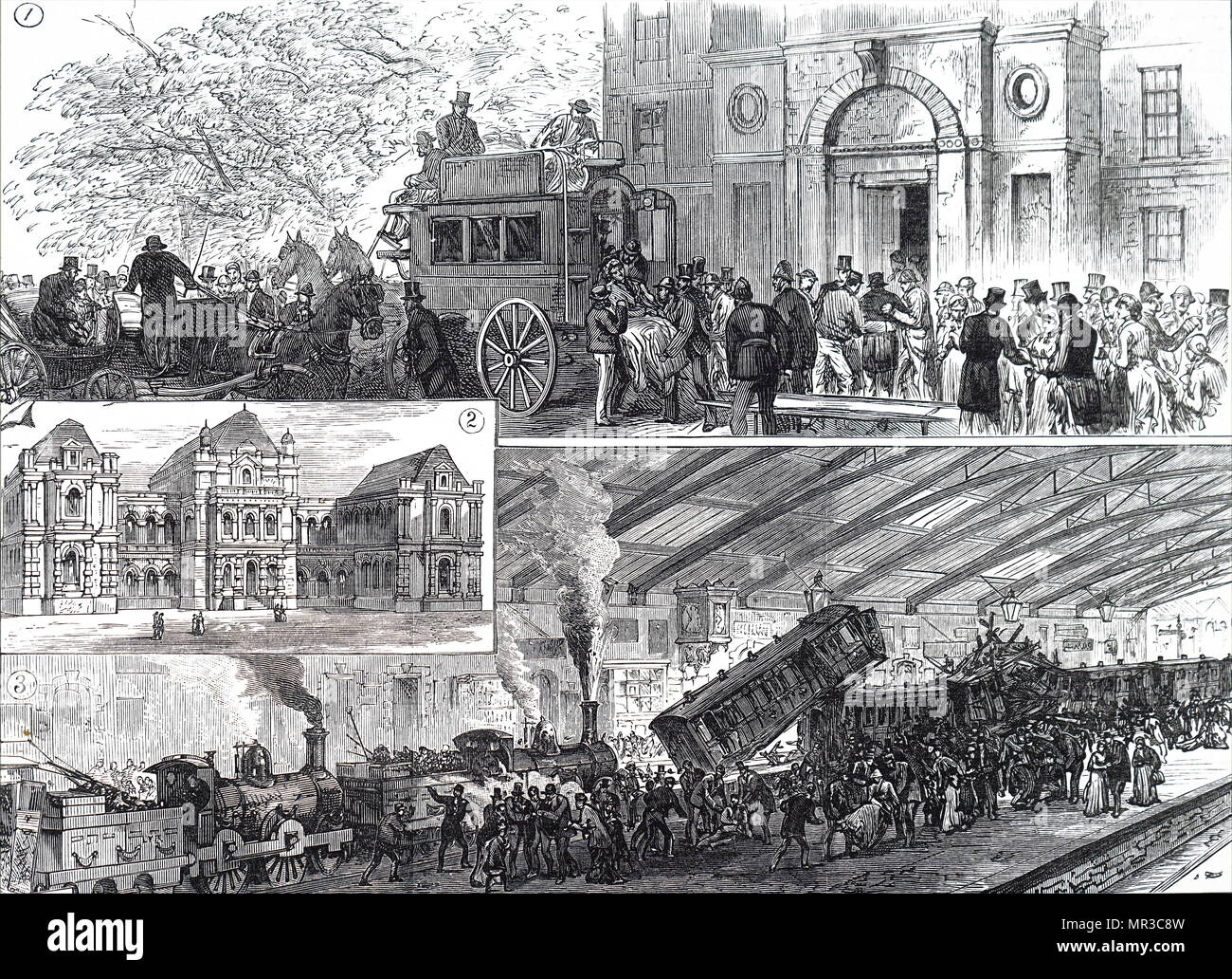 Illustration depicting a railway accident at Blackburn Station in which several people were killed. The Edinburgh to Manchester express ploughed into the Liverpool express which was late in leaving. Dated 19th century Stock Photo