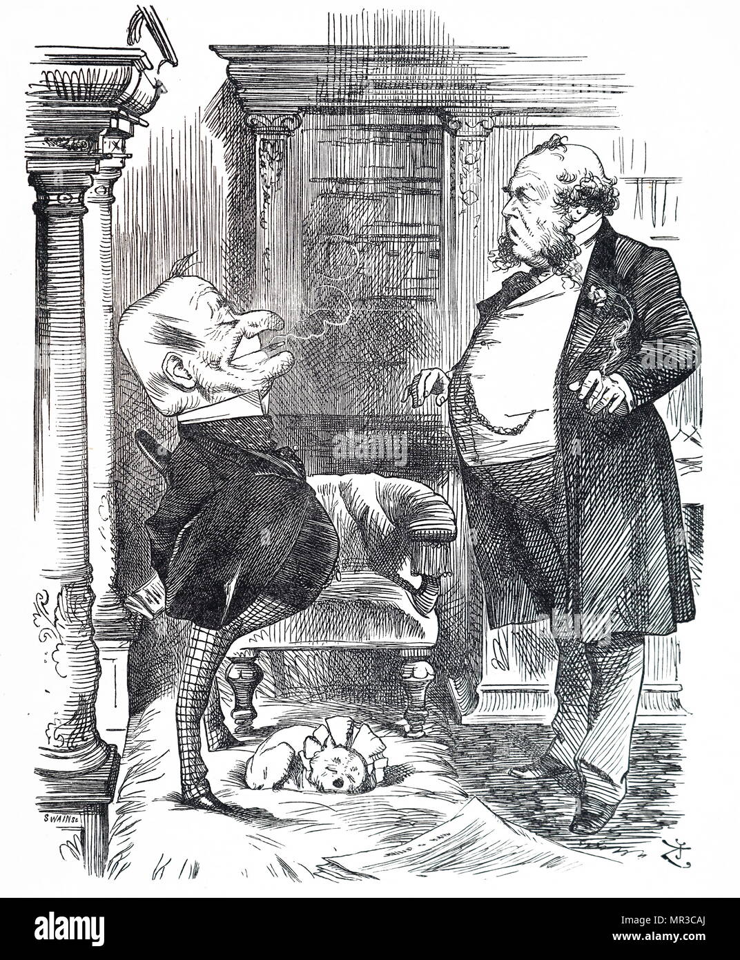 Cartoon titled 'Conscience makes Cowards!'. Depicted is Mr Punch confronting a railway director about the increasing number of major railway accidents due to the administration being unable to keep up with the increasing volume of traffic. Illustrated by Joseph Swain (1820-1909) an English wood-engraver. Dated 19th century Stock Photo