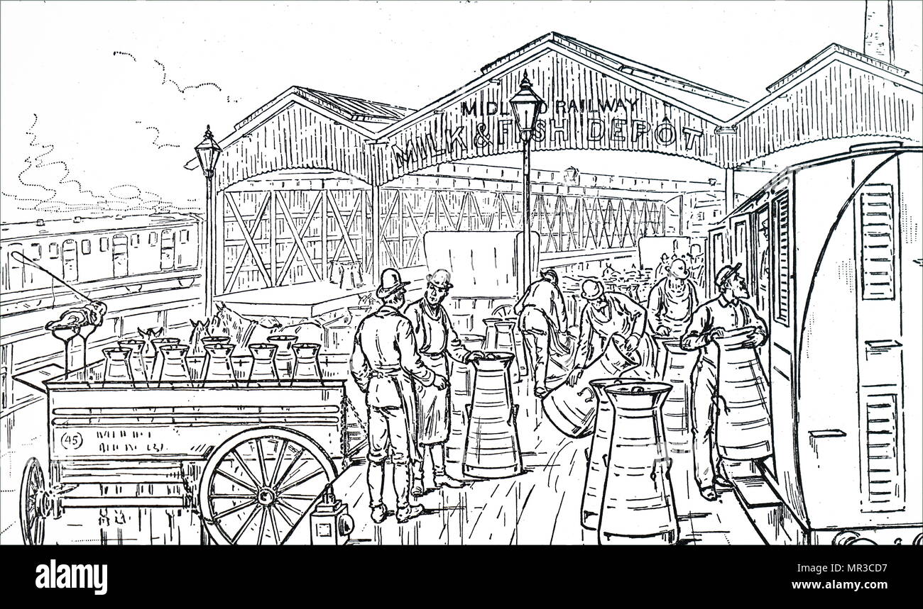 Illustration depicting a milk train being unloaded at St Pancras Train Station, London. The outbreak of the Cattle Plague in 1865 amongst cows kept in city cellars and backyards, and the subsequent introduction of veterinary inspection created an opportunity for railways to carry fresh milk from the countryside into cities. By 1889 54 million gallons a year were being brought into London by rail. Dated 19th century Stock Photo