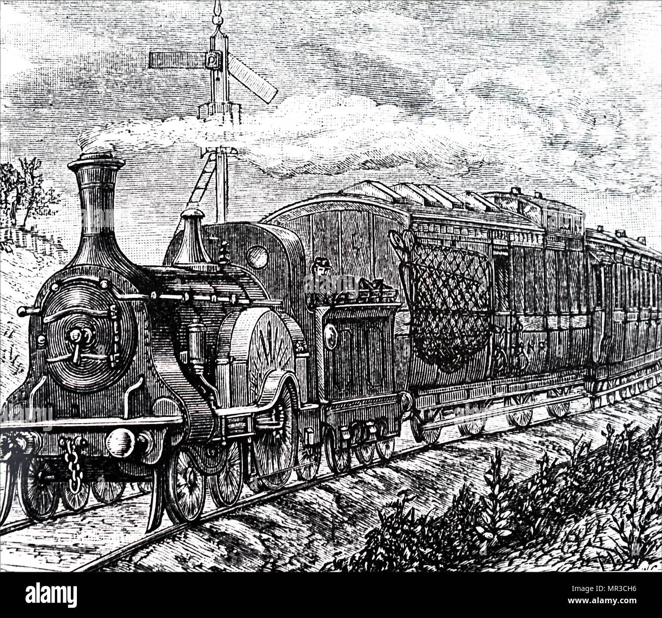 Illustration depicting a mail train on the Great Northern Line. Dated 19th century Stock Photo