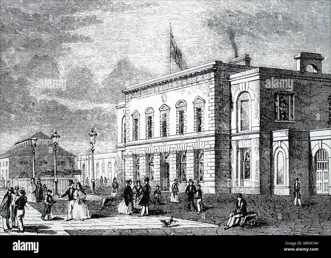 Illustration depicting the exterior of Blackwall Station. Dated 19th century Stock Photo
