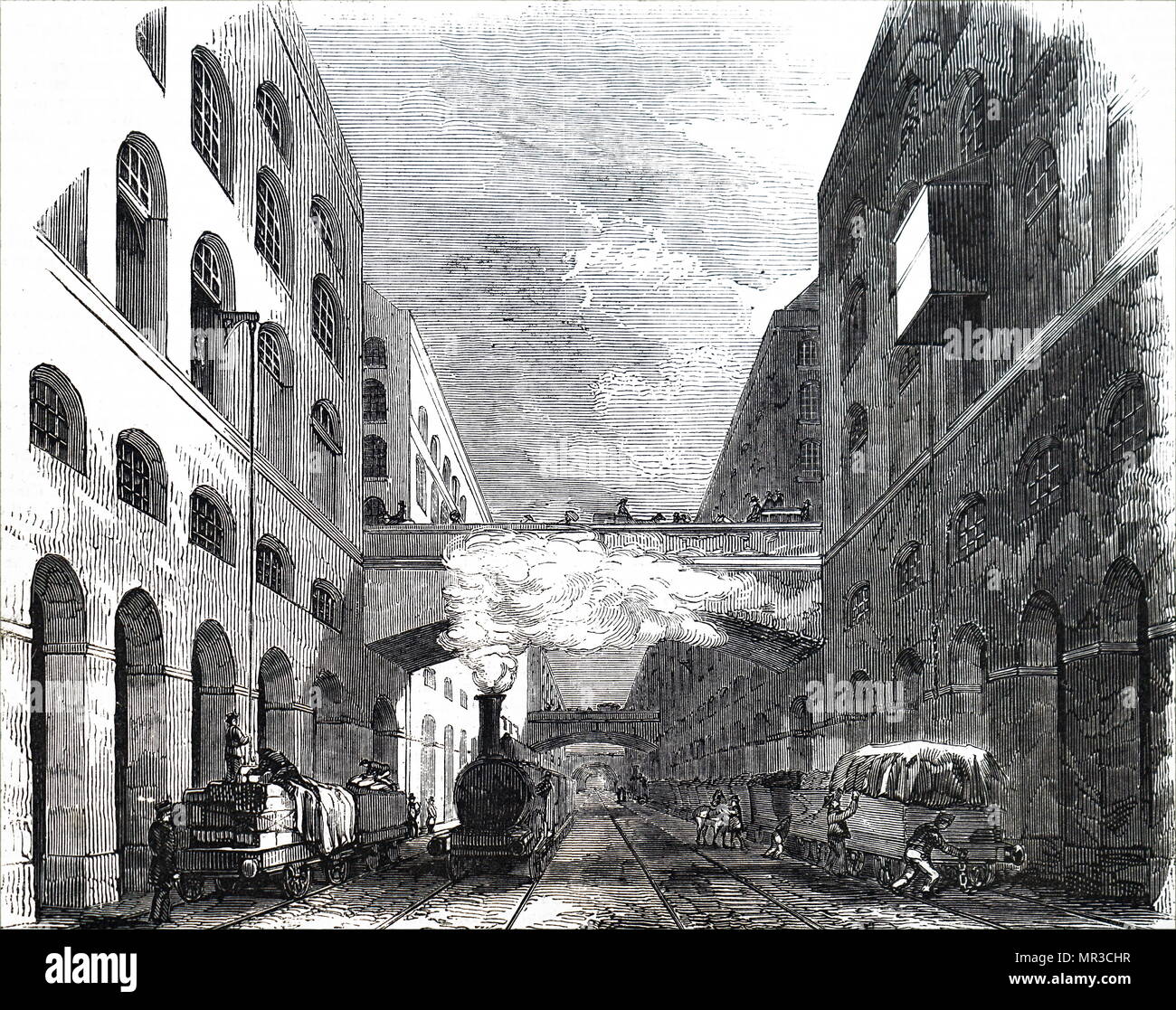 Illustration depicting proposed improvements for London which included a Great Metropolitan Terminus near Smithfield, with warehousing and a commercial centre. Dated 19th century Stock Photo