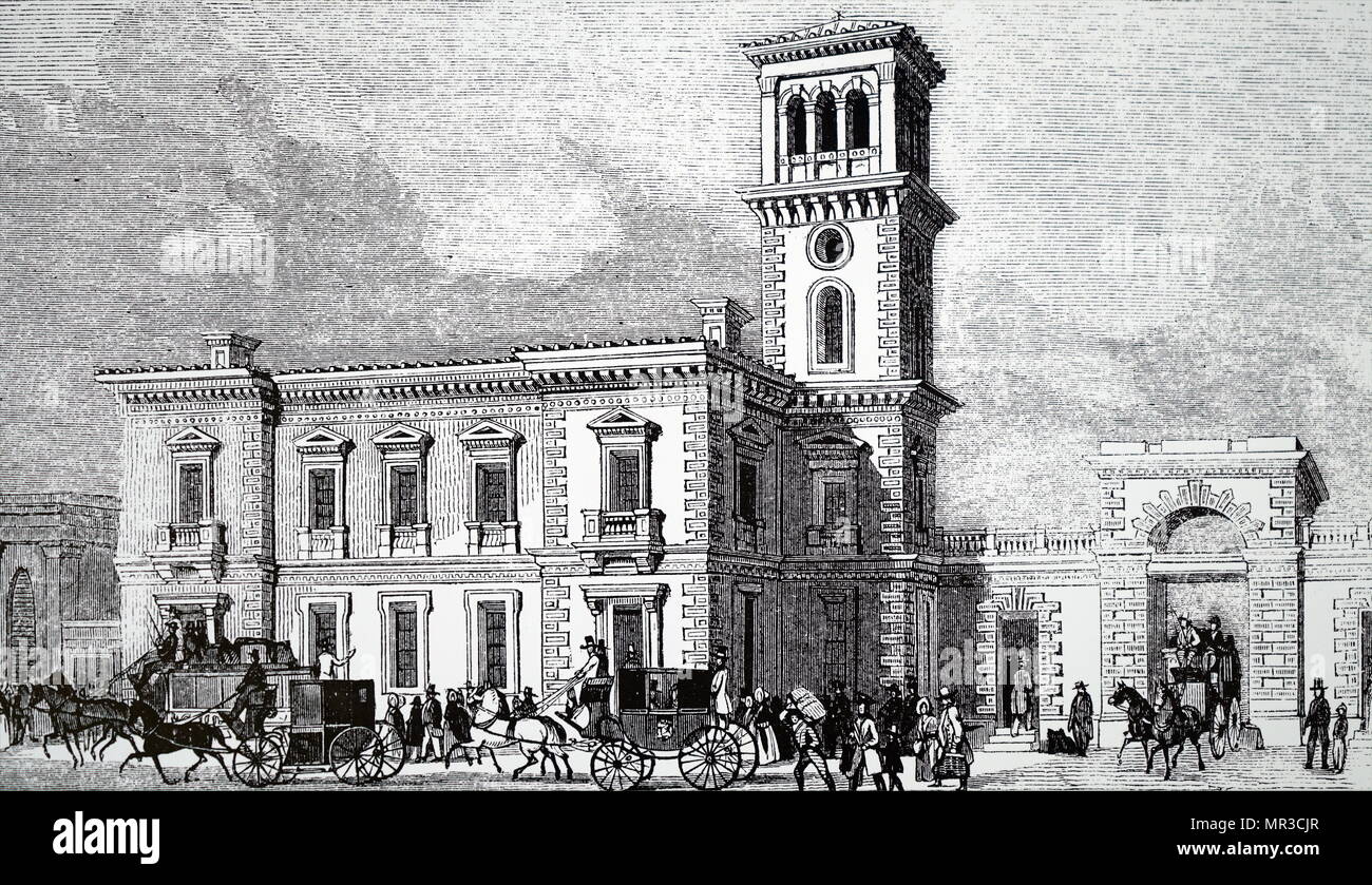 Engraving depicting the exterior of London Bridge Station, the terminus of the South Eastern, Greenwich, Brighton and Croydon Railways. Dated 19th century Stock Photo