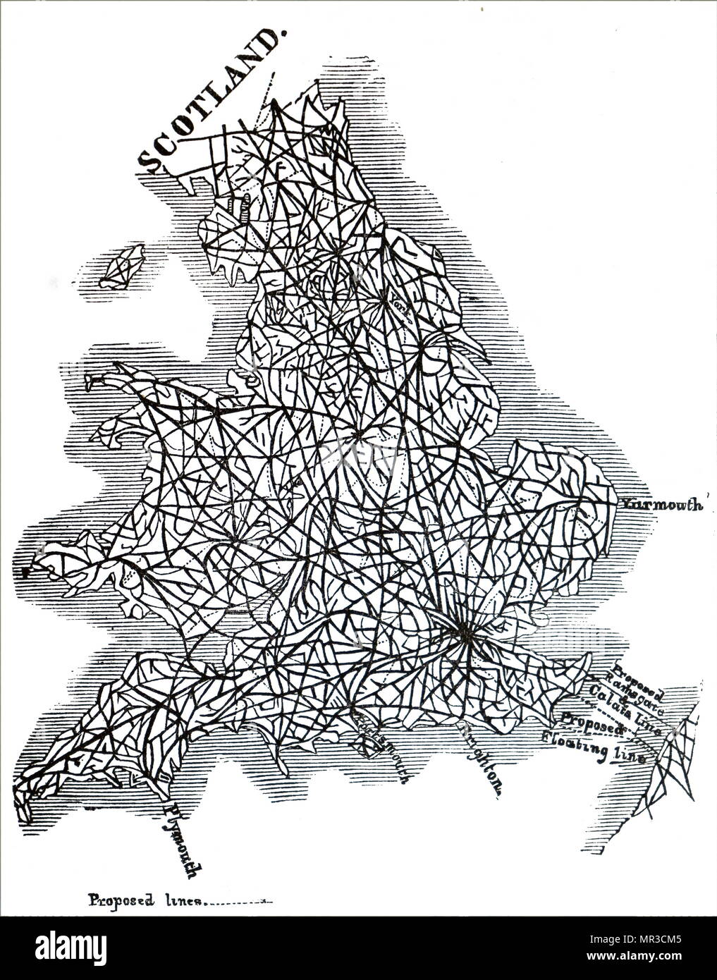 Map of proposed railway lines to run through Britain. Dated 19th century Stock Photo