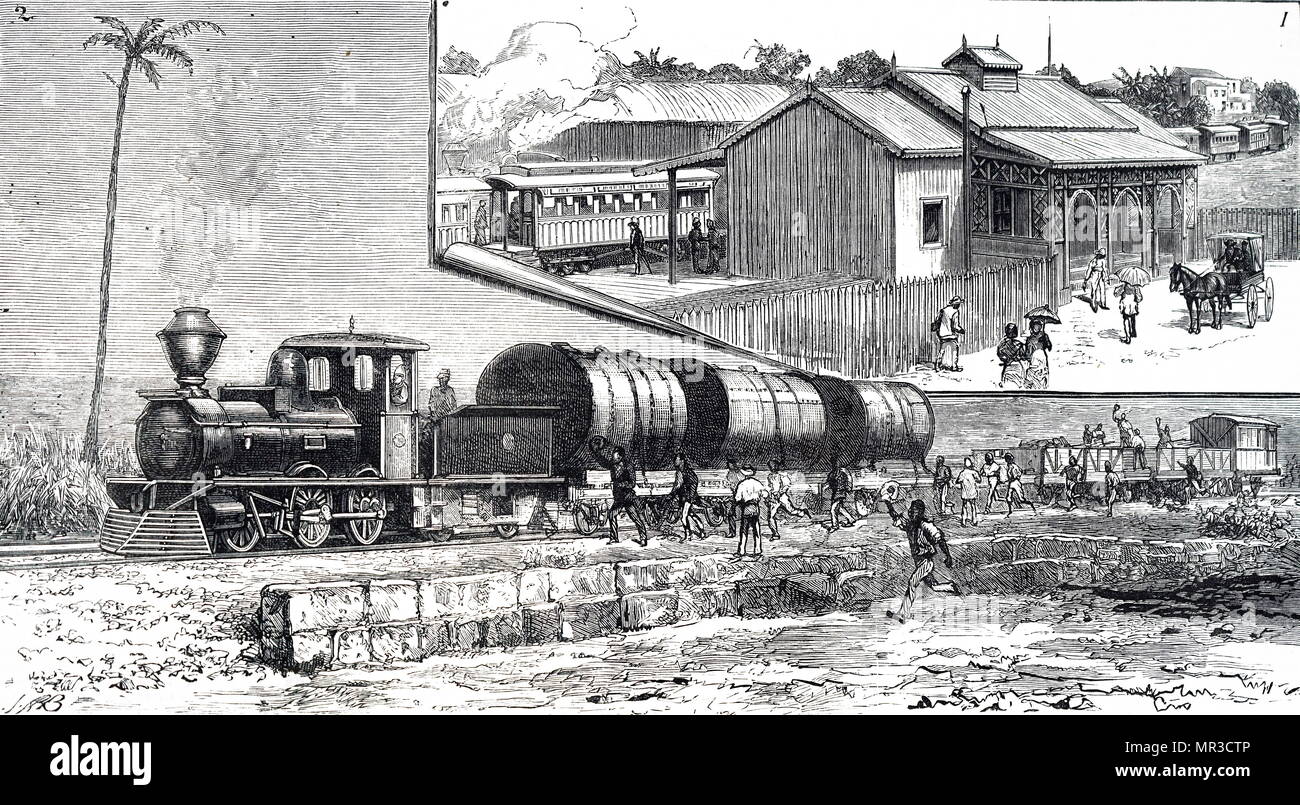 Illustration depicting how rail transportation in Barbados evolved. Dated 19th century Stock Photo