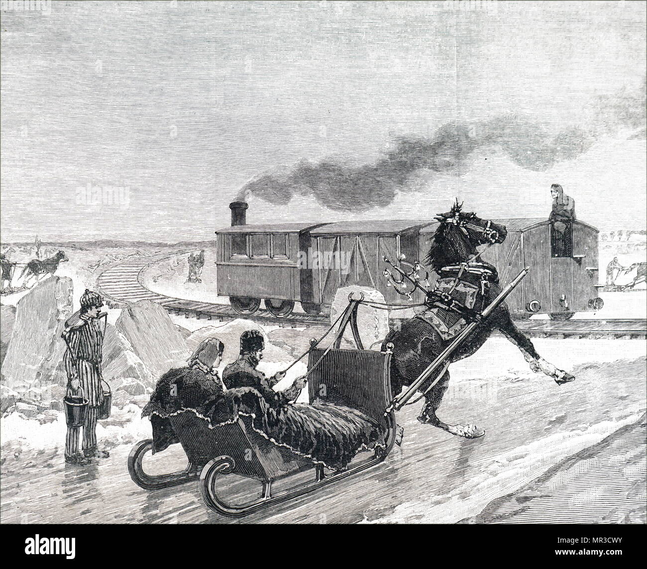Illustration depicting a train running on tracks laid on the ice of the Saint Lawrence River. A horse-driven sledge comes to an abrupt stop as the train passes in front of them. Dated 19th century Stock Photo
