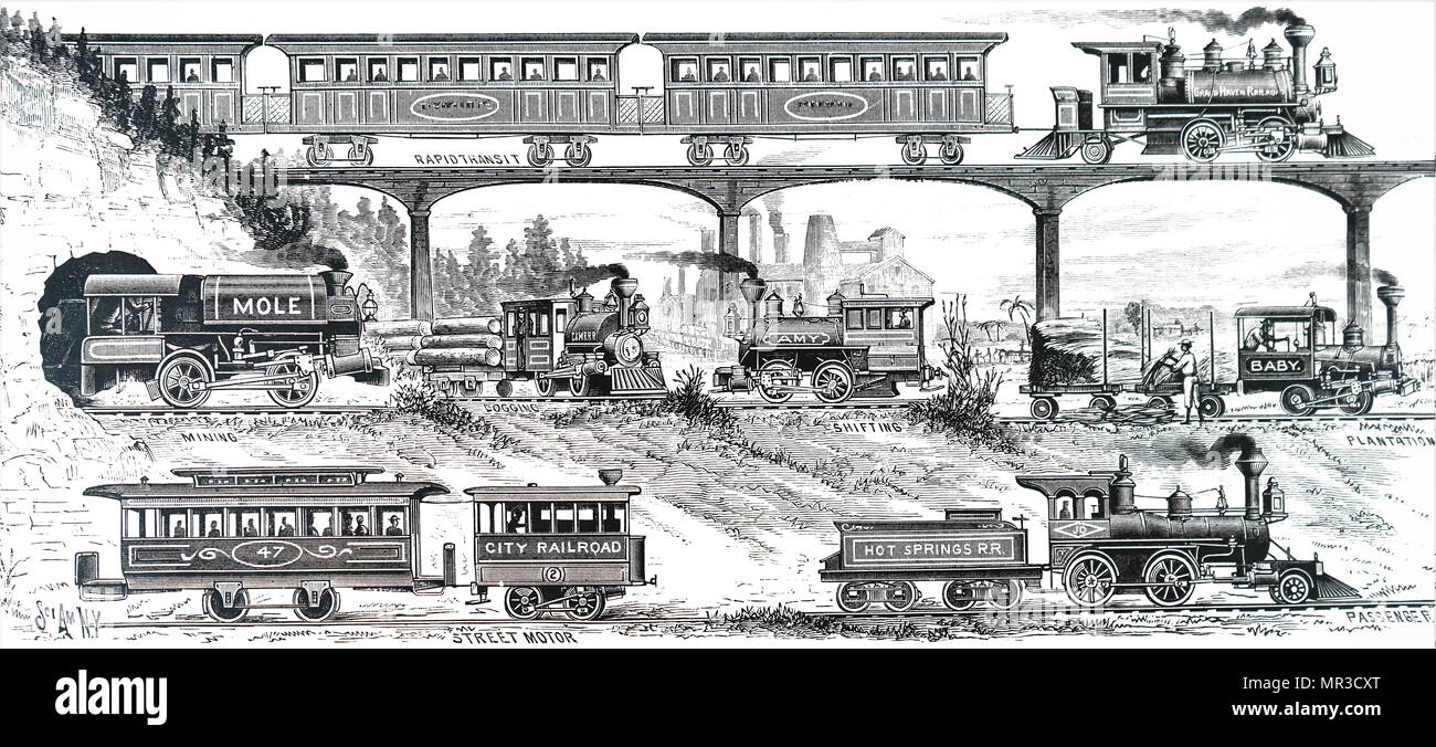 Illustration depicting various light-duty locomotives built by H.K. Porter, Inc., Pittsburgh, Pennsylvania. Dated 19th century Stock Photo