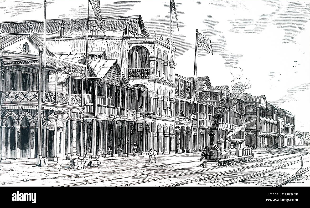 Illustration depicting the Terminus of the Panama Railway at Colón. Dated 19th century Stock Photo