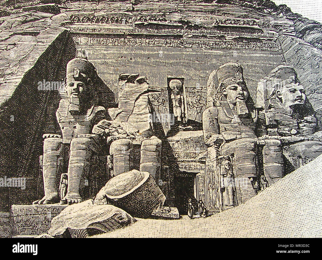 Facade of the Great Temple at Abu Simbel, Egypt as it originally was in 1888 (i.e. before relocation) Stock Photo